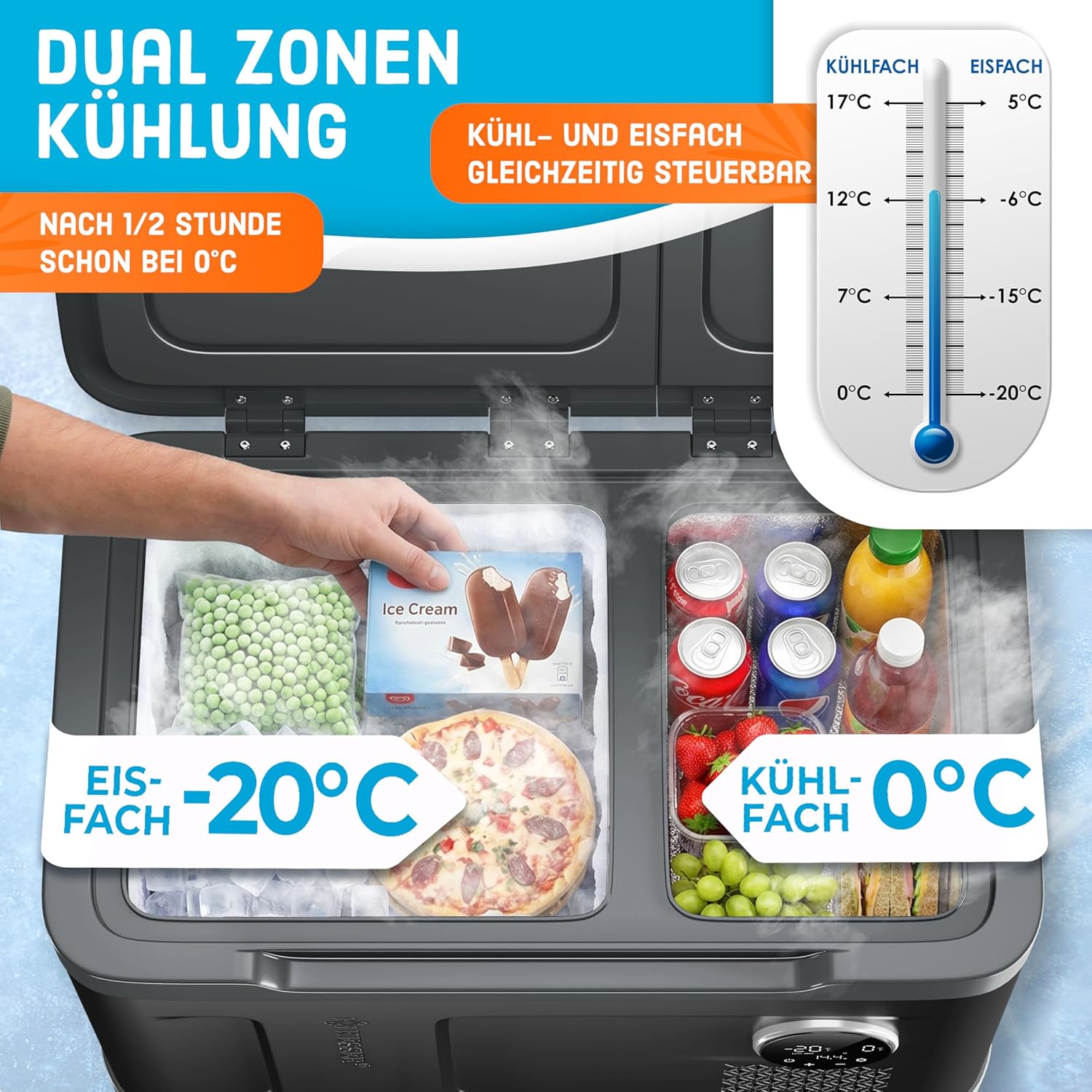 KESSER® Kompressor Kühlbox 2in1 Doppelzone Kühl & Gefrierfach elektrische Gefrierbox mit 2x Kühlakkus & LED-Touch-Bedienung | Kühlschrank Kühlung bis -20 °C für Camping, Auto, Lkw 12/24V 230V — Ansicht 4