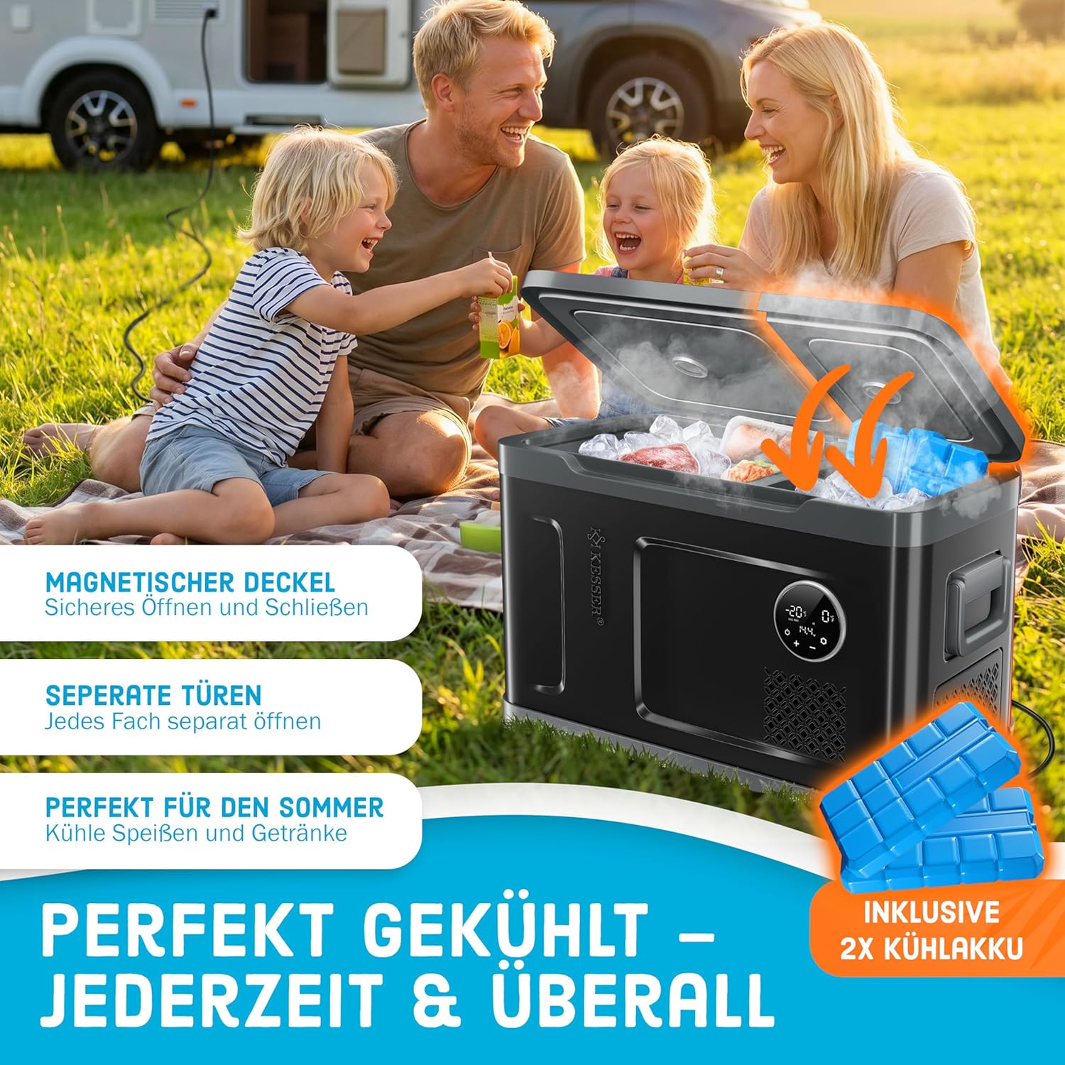KESSER® Kompressor Kühlbox 2in1 Doppelzone Kühl & Gefrierfach elektrische Gefrierbox mit 2x Kühlakkus & LED-Touch-Bedienung | Kühlschrank Kühlung bis -20 °C für Camping, Auto, Lkw 12/24V 230V — Ansicht 6