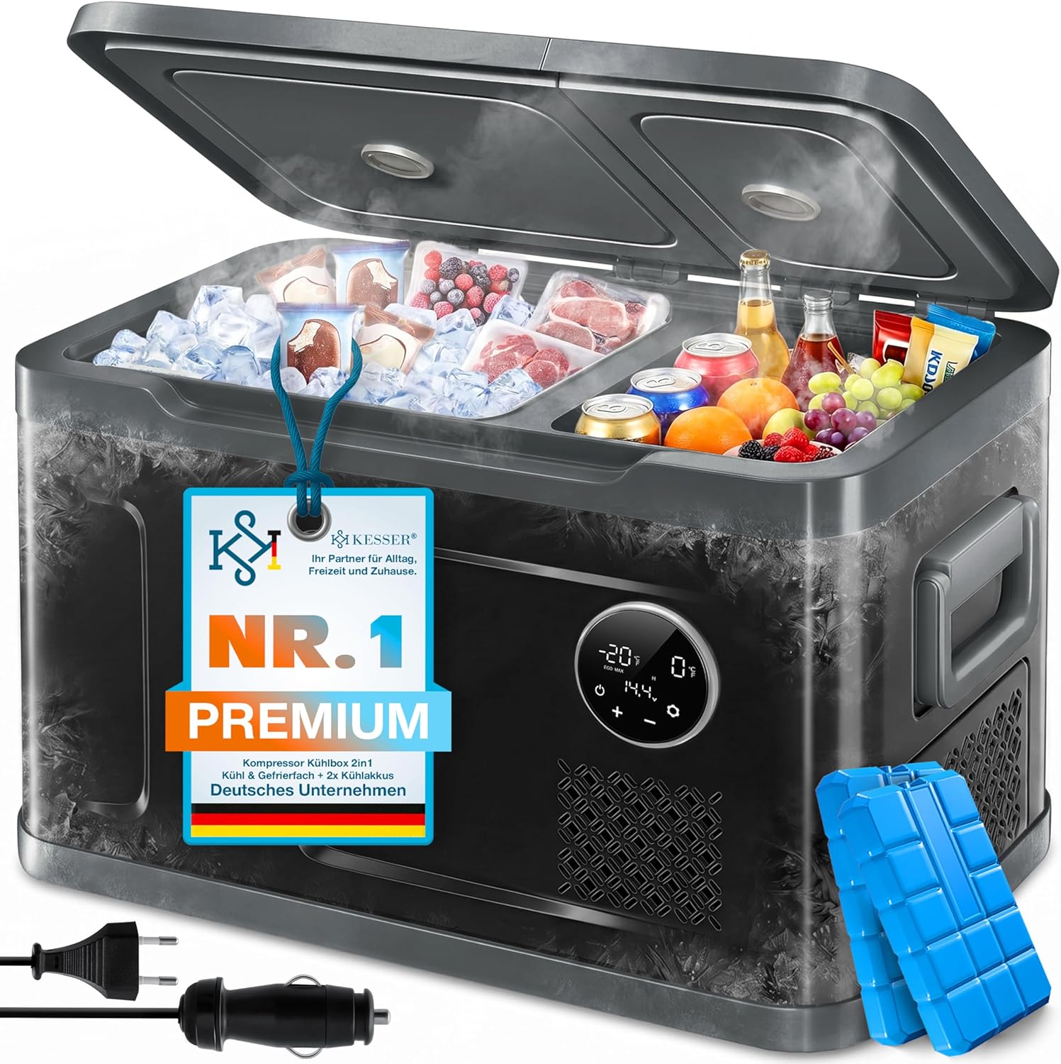 KESSER® Kompressor Kühlbox 2in1 Doppelzone Kühl & Gefrierfach elektrische Gefrierbox mit 2x Kühlakkus & LED-Touch-Bedienung | Kühlschrank Kühlung bis -20 °C für Camping, Auto, Lkw 12/24V 230V