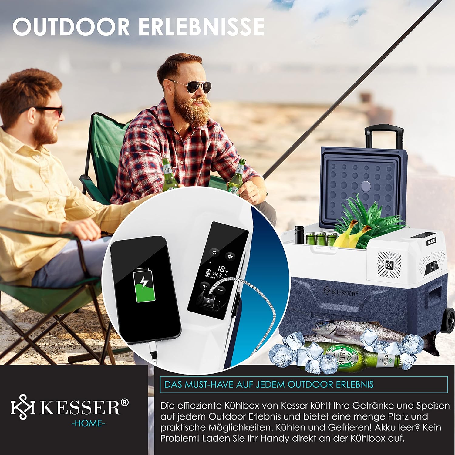 KESSER® Kompressor Kühlbox auto elektrisch 30L, Camping Kühlbox 12/24/230V mit APP-Steuerung, Gefrierbox bis –20 °C, Kühlbox mit Rädern & Teleskopgriff für Camping, Wohnmobil, LKW & Boot + 2 Kühlakkus — Ansicht 3