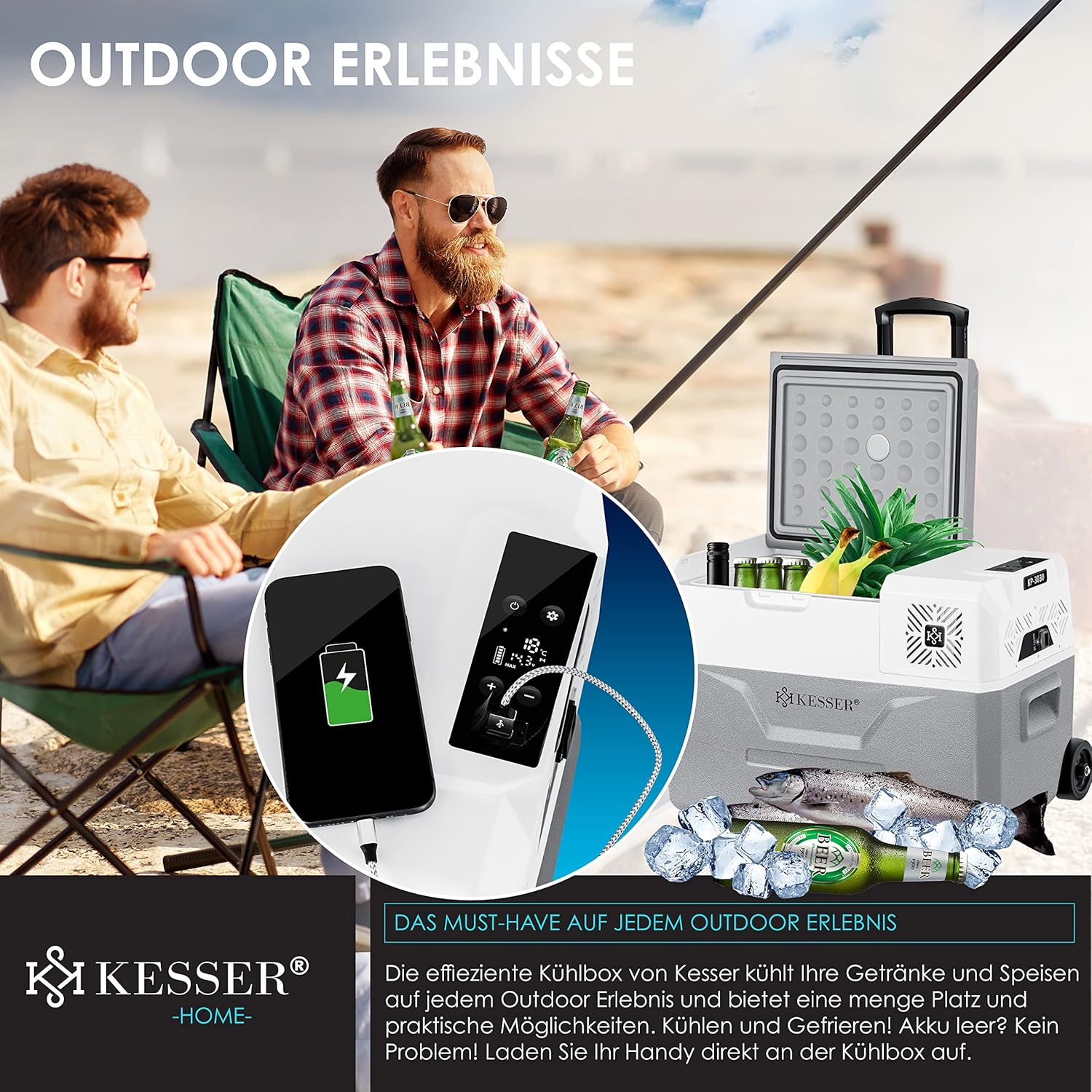 KESSER® Kompressor Kühlbox elektrisch Gefrierbox, 30 Liter Mit APP-Steuerung USB-Anschluss 12/24 V 230V, +Teleskopstange, 2x Kühlakkus Räder Kühlschrank Kühlung bis -20 °C für Auto, Lkw, Boot — Ansicht 3