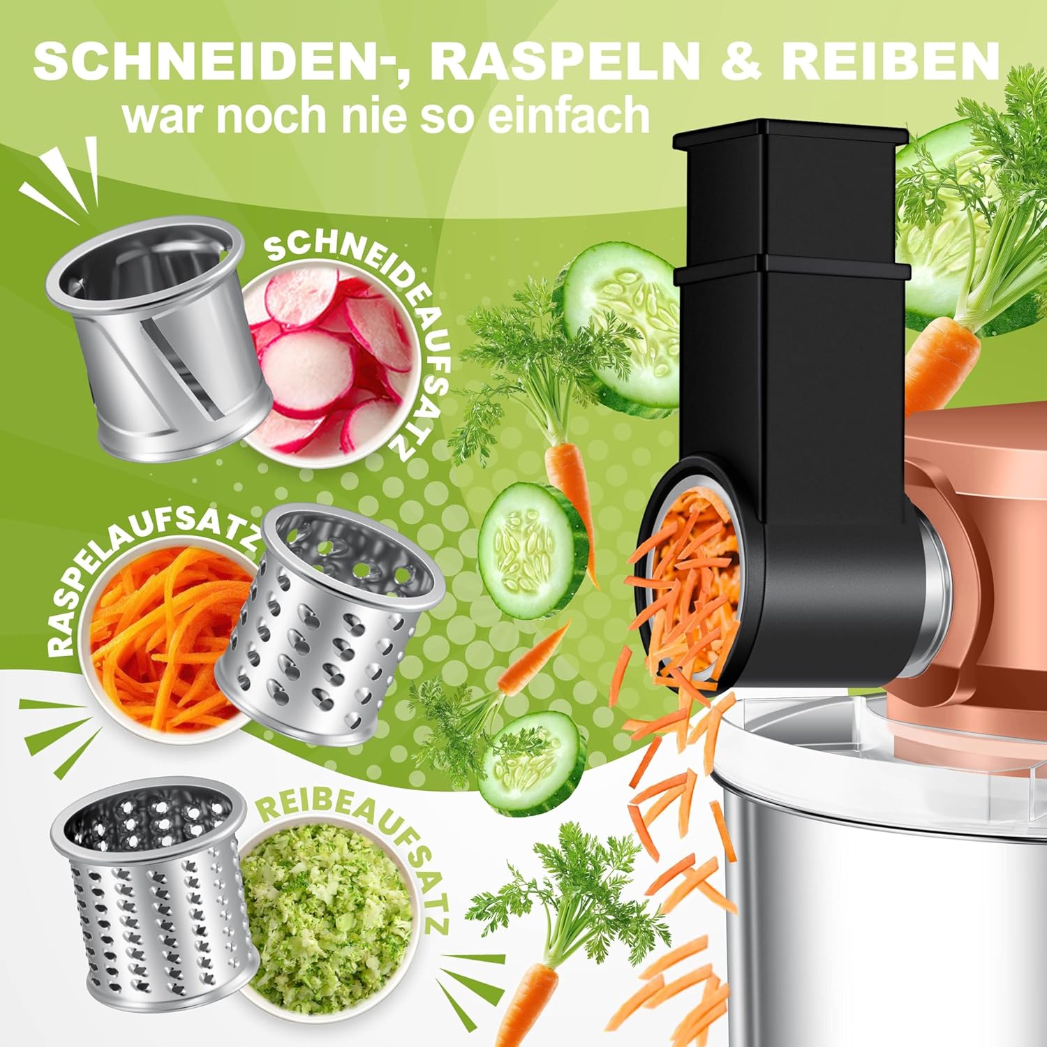 KESSER® Küchenmaschine 3in1 mit Fleischwolf & Mixer, 1500W Knetmaschine 5,5L Rührschüssel + Spritzschutz, 6 Geschwindigkeiten, Knethaken, Schneebesen, Rührhaken & Raspeln, Backen & Kochen, Kupfer — Ansicht 5