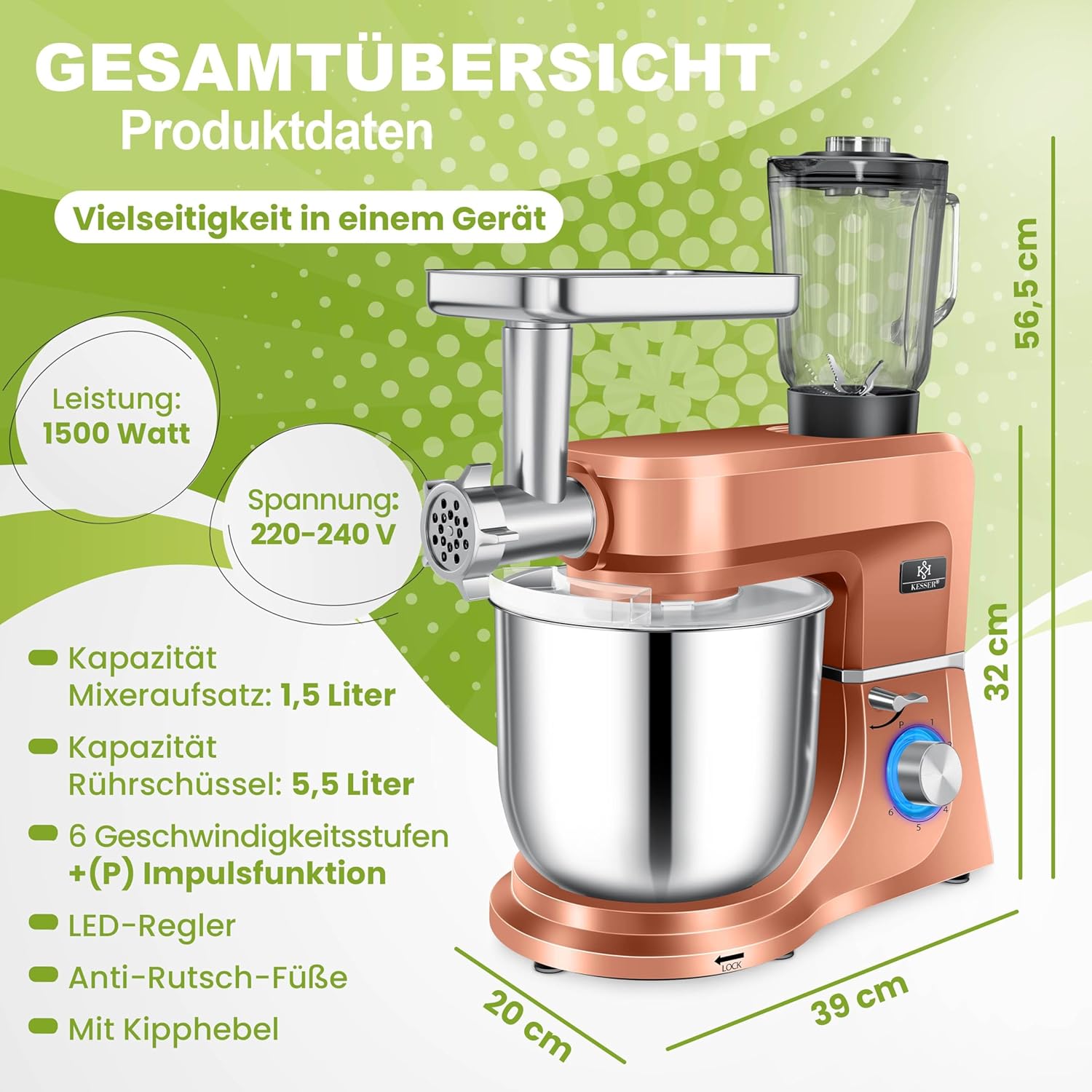 KESSER® Küchenmaschine 3in1 mit Fleischwolf & Mixer, 1500W Knetmaschine 5,5L Rührschüssel + Spritzschutz, 6 Geschwindigkeiten, Knethaken, Schneebesen, Rührhaken & Raspeln, Backen & Kochen, Kupfer — Ansicht 6