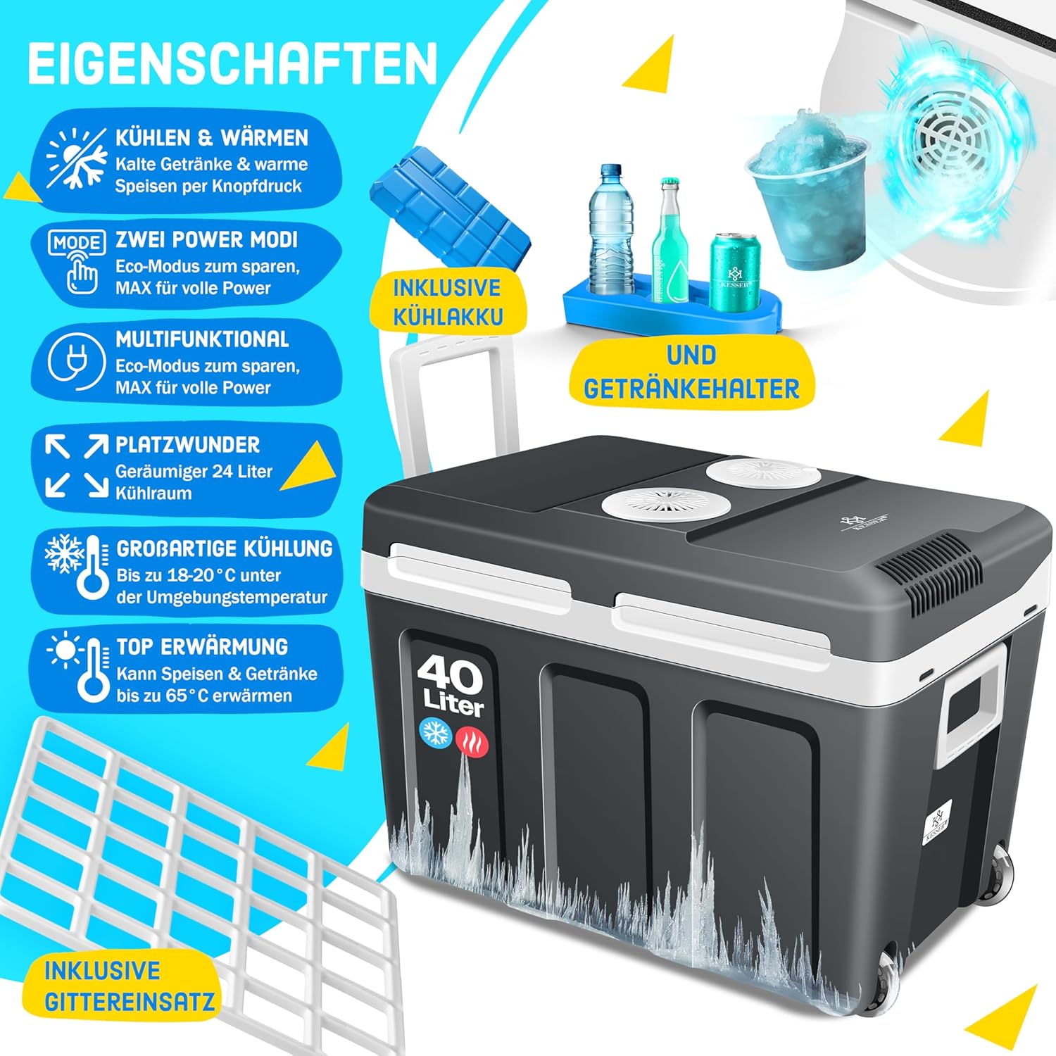 KESSER® Kühlbox 40L mit Rollen | Thermo-Elektrische Kühlbox | KÜHLT und WÄRMT | 12 & 230V | Thermobox für Auto, Boot & Camping | Mini-Kühlschrank mit ECO & MAX Modus — Ansicht 2