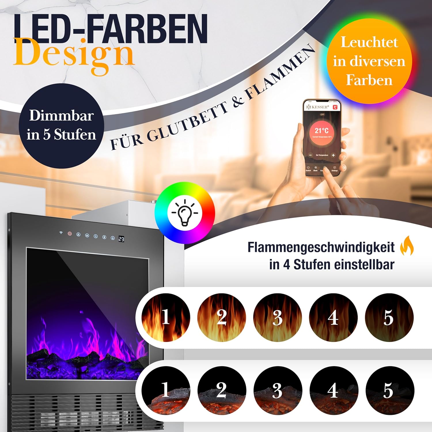 KESSER® LED Kamin mit Heizung elektrisch | Heizlüfter Elektrokamin mit Thermostat, Standkamin mit realistischem Feuer -/ Flammeneffekt per App + Fernbedienung & WLAN – mit Timer,15-35°C, Weiß — Ansicht 3