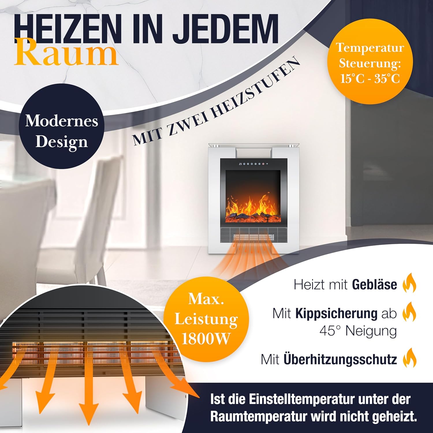 KESSER® LED Kamin mit Heizung elektrisch | Heizlüfter Elektrokamin mit Thermostat, Standkamin mit realistischem Feuer -/ Flammeneffekt per App + Fernbedienung & WLAN – mit Timer,15-35°C, Weiß — Ansicht 4