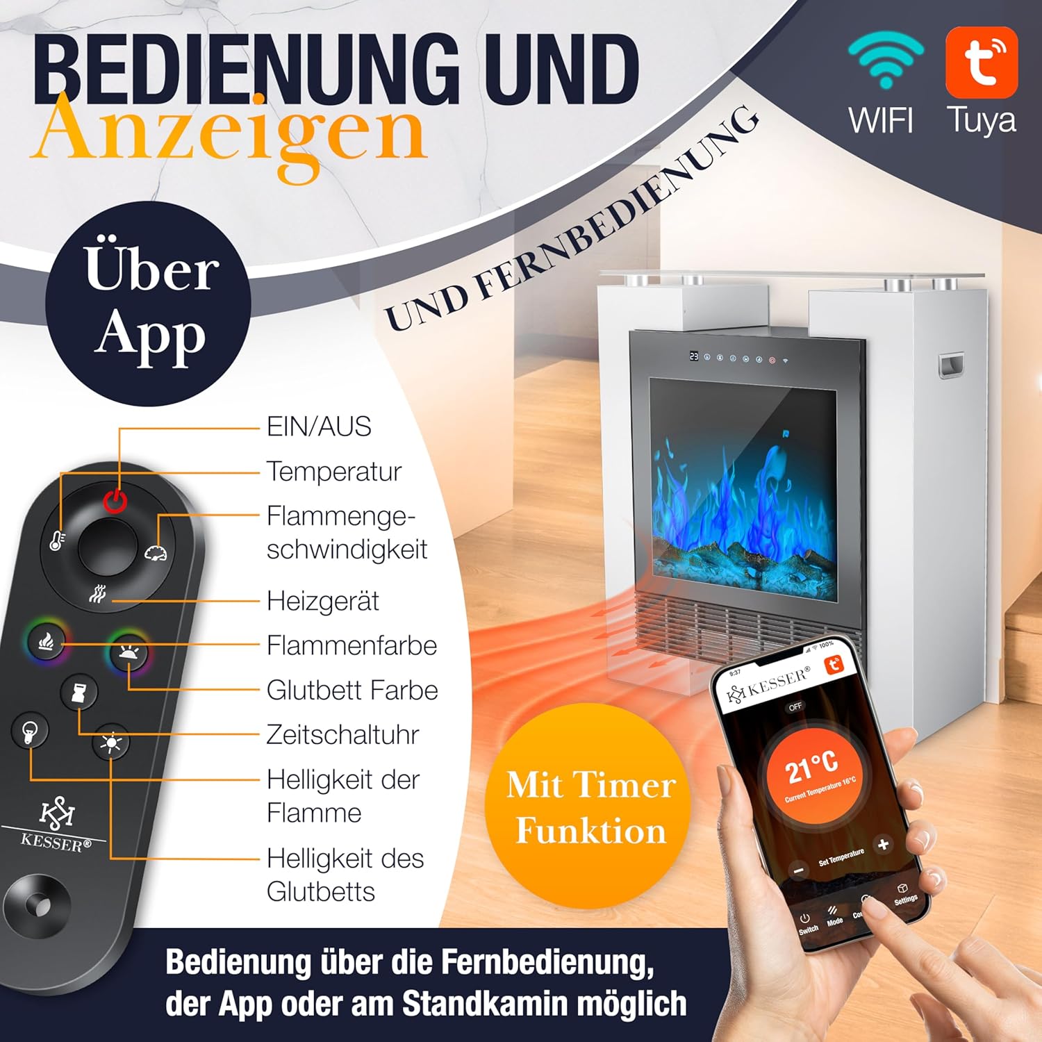 KESSER® LED Kamin mit Heizung elektrisch | Heizlüfter Elektrokamin mit Thermostat, Standkamin mit realistischem Feuer -/ Flammeneffekt per App + Fernbedienung & WLAN – mit Timer,15-35°C, Weiß — Ansicht 5