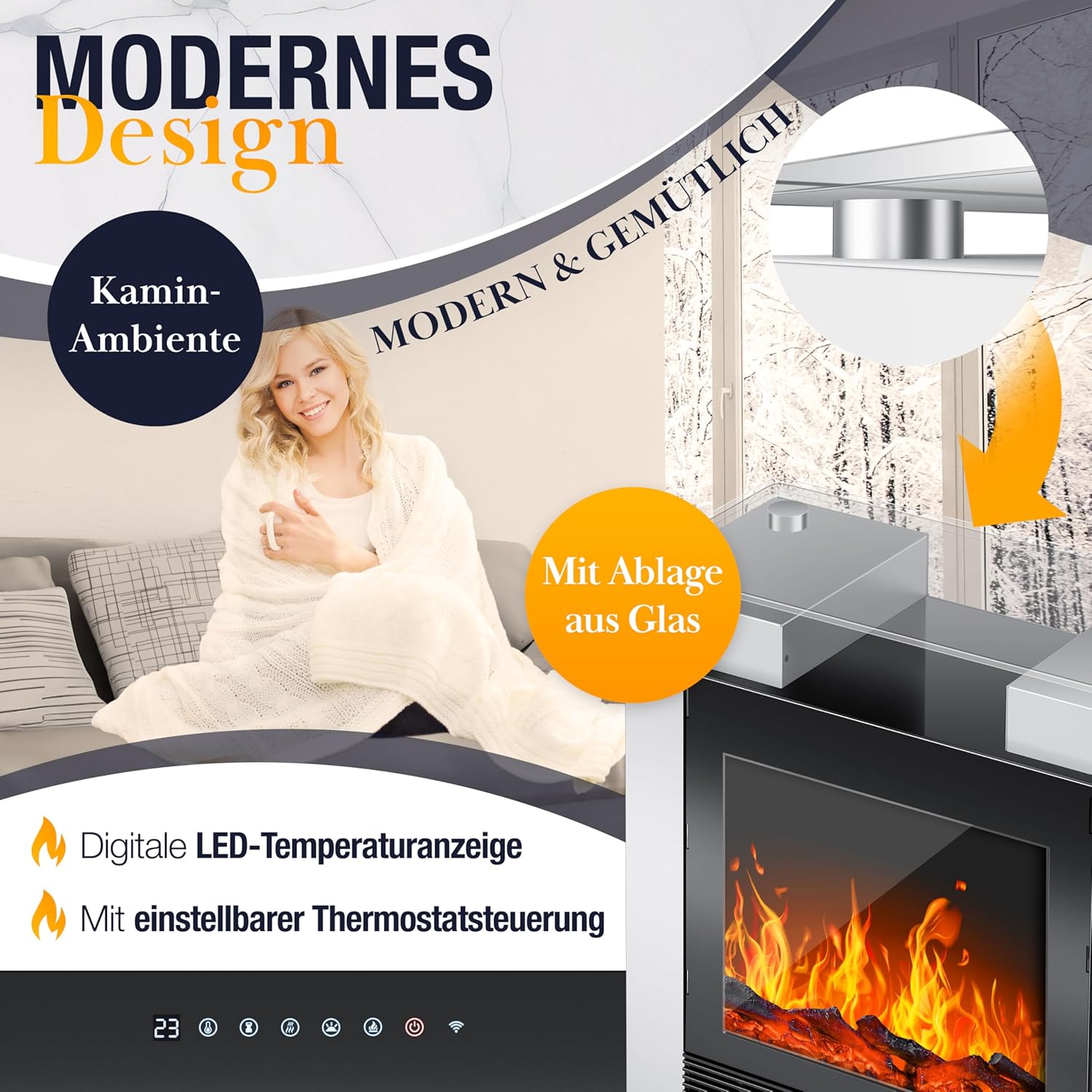 KESSER® LED Kamin mit Heizung elektrisch | Heizlüfter Elektrokamin mit Thermostat, Standkamin mit realistischem Feuer -/ Flammeneffekt per App + Fernbedienung & WLAN – mit Timer,15-35°C, Weiß — Ansicht 6