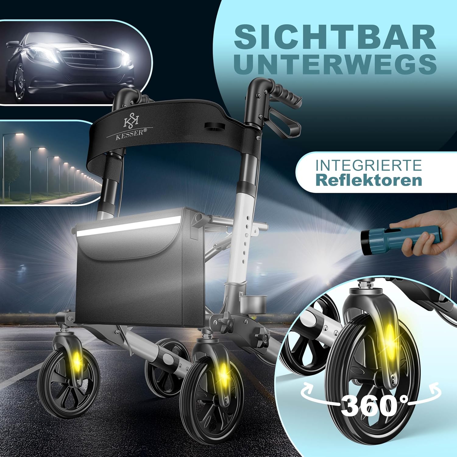 KESSER Leichtgewicht Rollator faltbar mit Sitz, Griff, Tasche, schmal für Senioren Wohnung, Klappbar, Höhenverstellbar, Reflektoren | All Gelände Reifen Indoor-& Outdoor, Gehhilfe, Laufhilfe, Schwarz — Ansicht 6