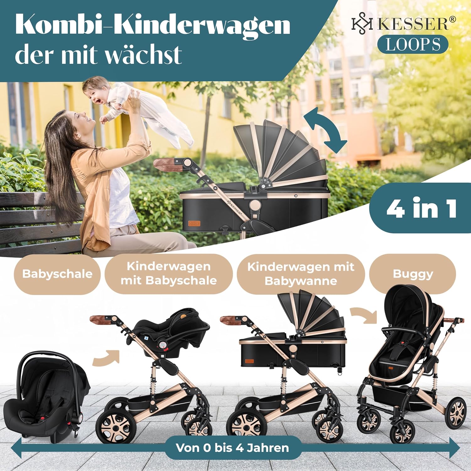 KESSER® Loops 4 in 1 Kinderwagen Kombikinderwagen Komplett-Set inkl. Babywanne & Buggy Sportsitz & Auto-Babyschale Voll-Gummireifen Wickeltasche Regenschutz Kindertisch ECE R129, Schwarz/Champagne — Ansicht 2