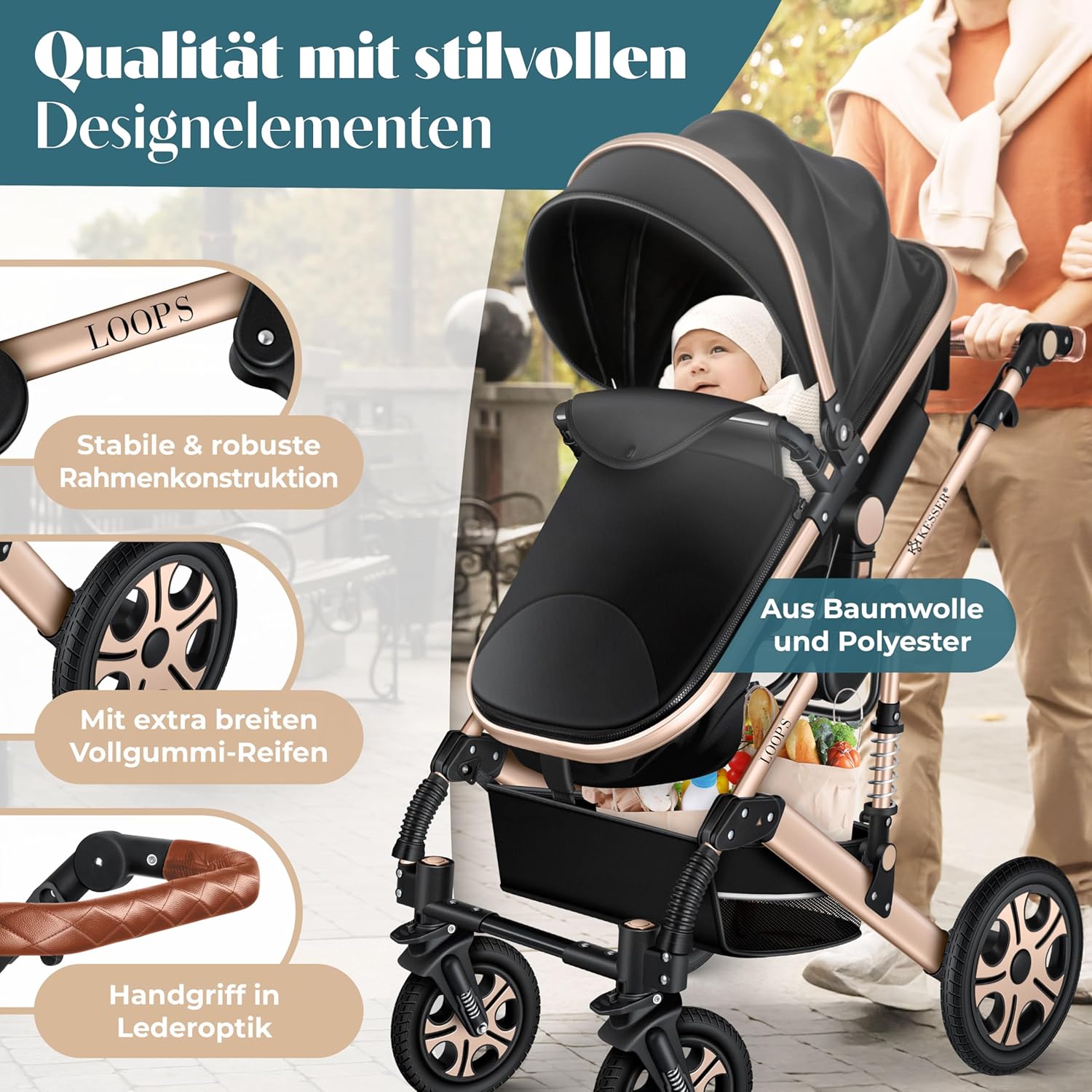 KESSER® Loops 4 in 1 Kinderwagen Kombikinderwagen Komplett-Set inkl. Babywanne & Buggy Sportsitz & Auto-Babyschale Voll-Gummireifen Wickeltasche Regenschutz Kindertisch ECE R129, Schwarz/Champagne — Ansicht 3