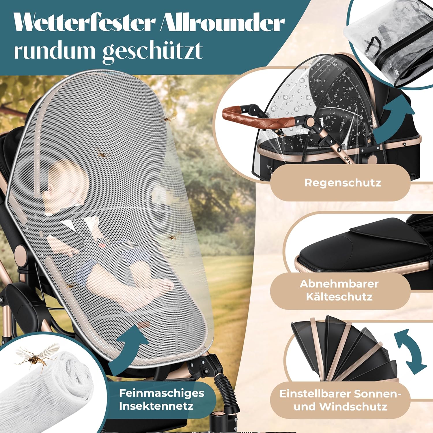 KESSER® Loops 4 in 1 Kinderwagen Kombikinderwagen Komplett-Set inkl. Babywanne & Buggy Sportsitz & Auto-Babyschale Voll-Gummireifen Wickeltasche Regenschutz Kindertisch ECE R129, Schwarz/Champagne — Ansicht 5