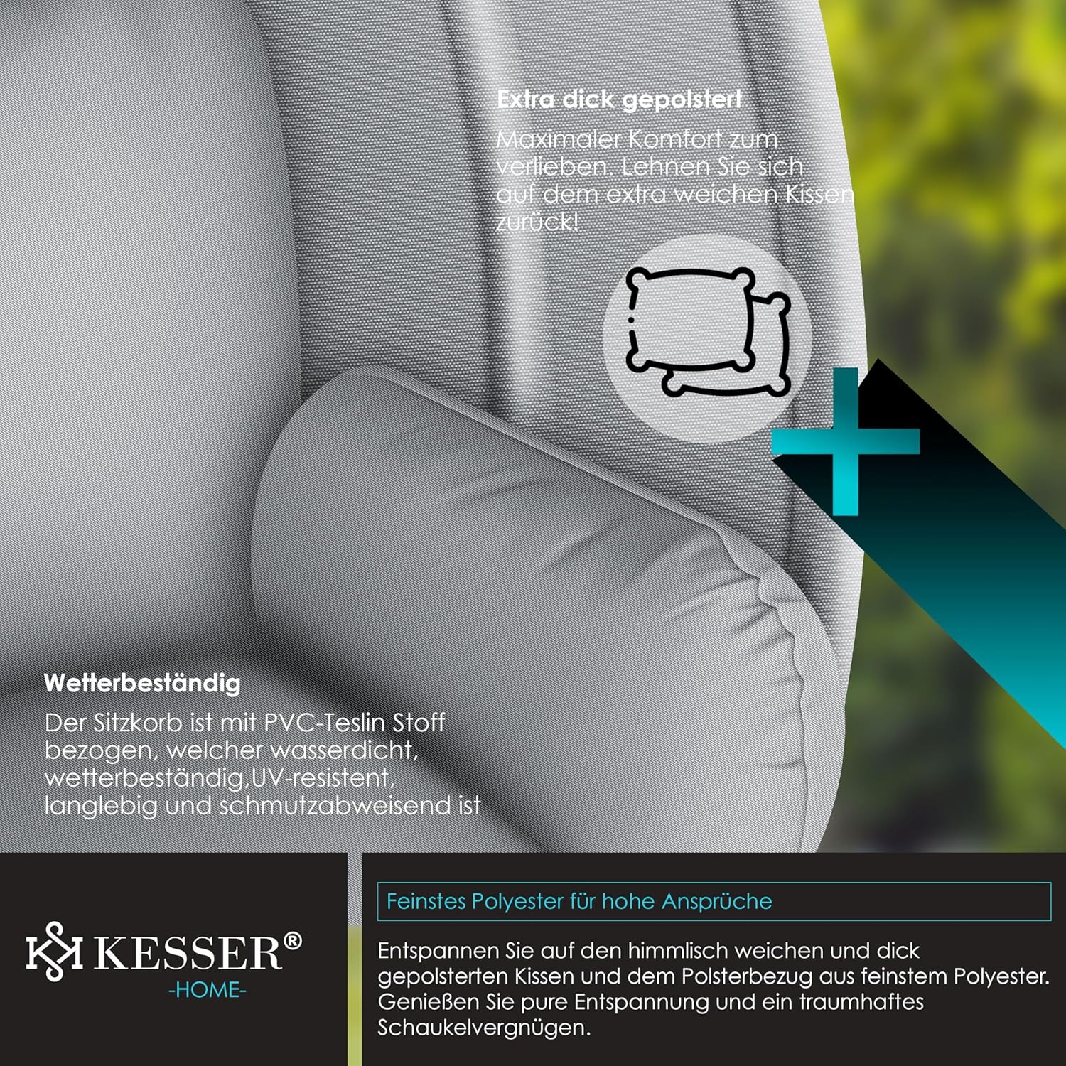 KESSER® Luxe Hängesessel mit Gestell + weiches Sitzkissen und Abdeckung, Seitenpolsterung, Rückenkissen Hängekorb Indoor & Outdoor, Garten Schaukel Hängestuhl Stabiler Standfuß, max. 150 kg Grau — Ansicht 5