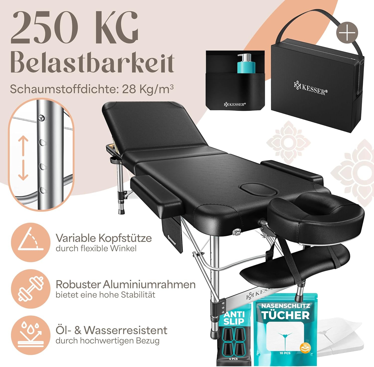 KESSER® Massageliege 3 Zonen bis 250kg, Massagetisch klappbar, verstellbar, tragbarer Koffer, Kosmetikliege, Therapieliege, Zubehör, Alu-Kopfstütze, Armlehne, Tragetasche, Anti Rutsch, 70cm, Schwarz — Ansicht 2