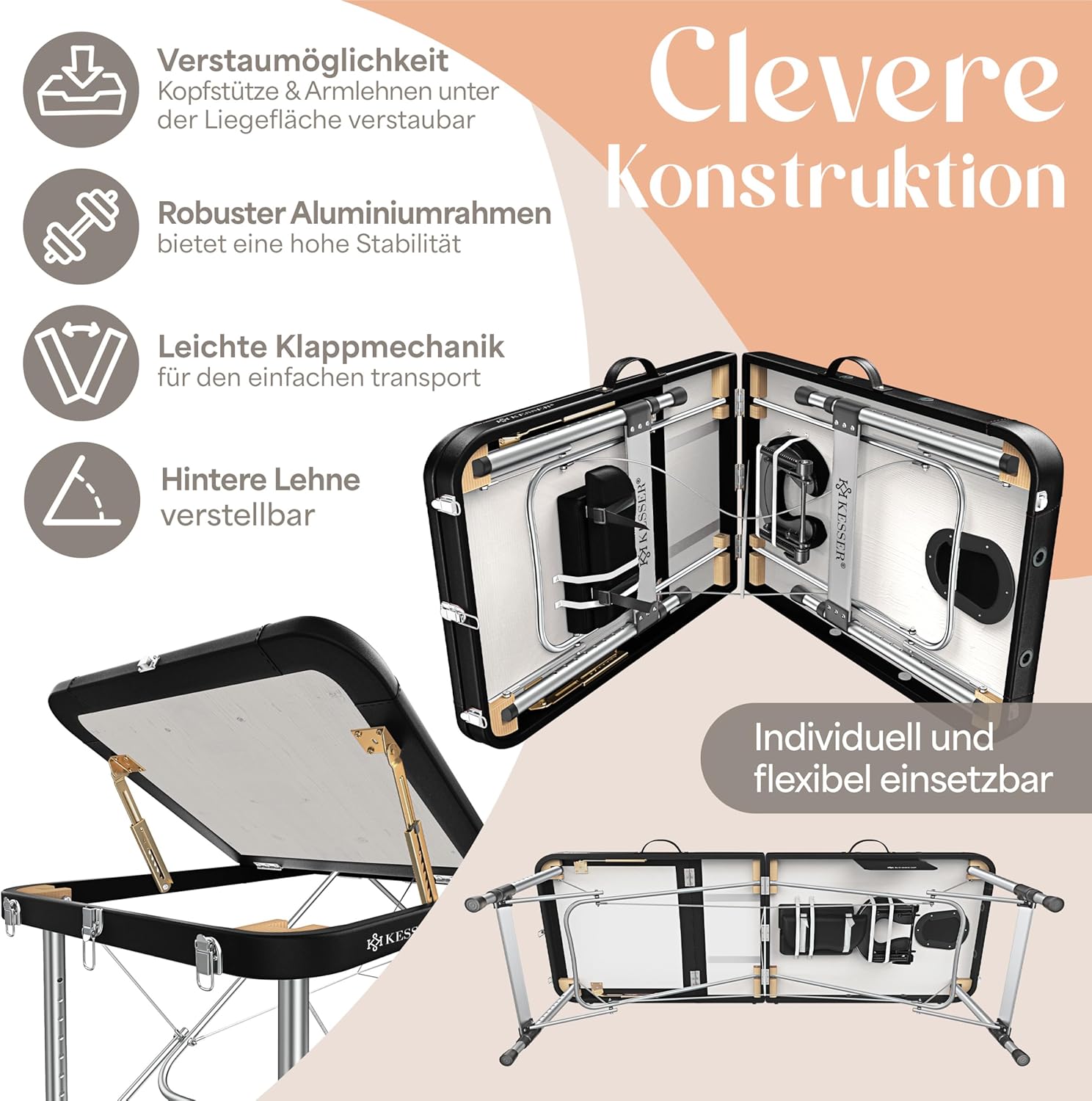 KESSER® Massageliege 3 Zonen bis 250kg, Massagetisch klappbar, verstellbar, tragbarer Koffer, Kosmetikliege, Therapieliege, Zubehör, Alu-Kopfstütze, Armlehne, Tragetasche, Anti Rutsch, 70cm, Schwarz — Ansicht 5