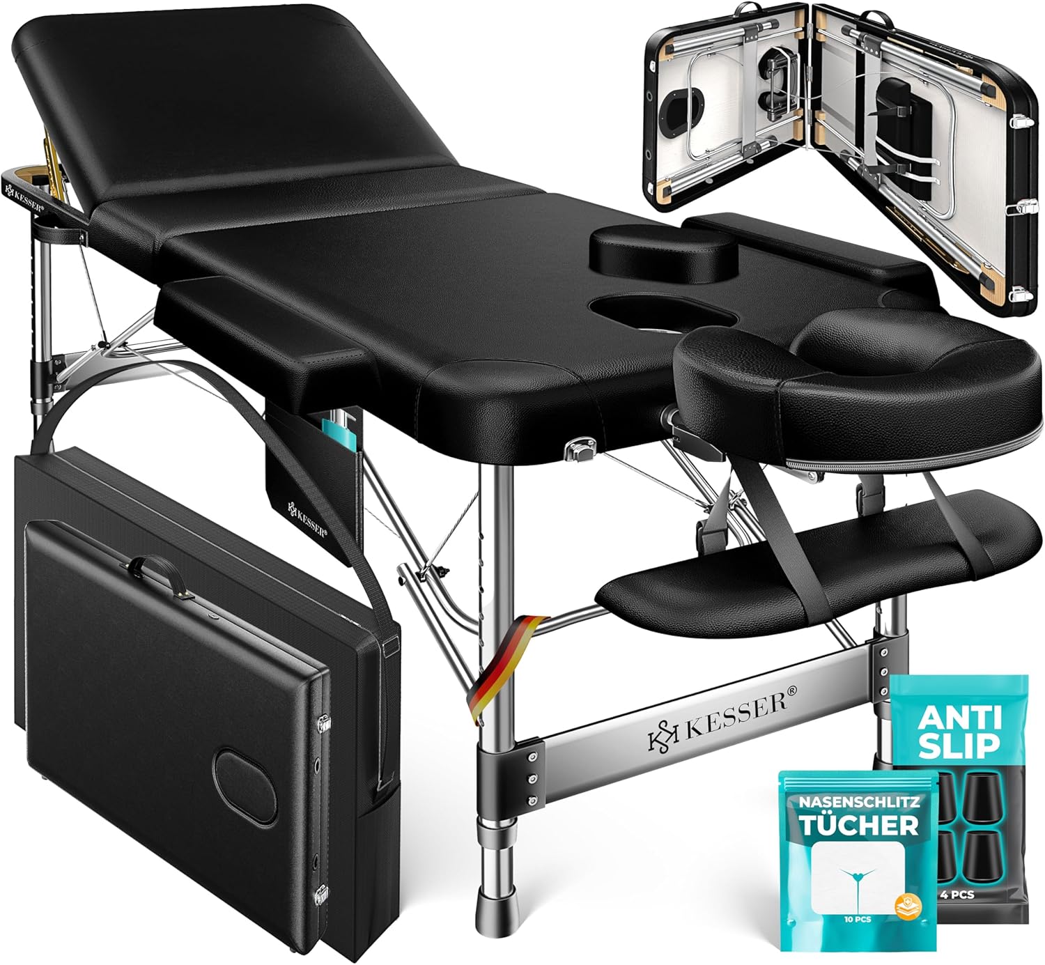 KESSER® Massageliege 3 Zonen bis 250kg, Massagetisch klappbar, verstellbar, tragbarer Koffer, Kosmetikliege, Therapieliege, Zubehör, Alu-Kopfstütze, Armlehne, Tragetasche, Anti Rutsch, 70cm, Schwarz