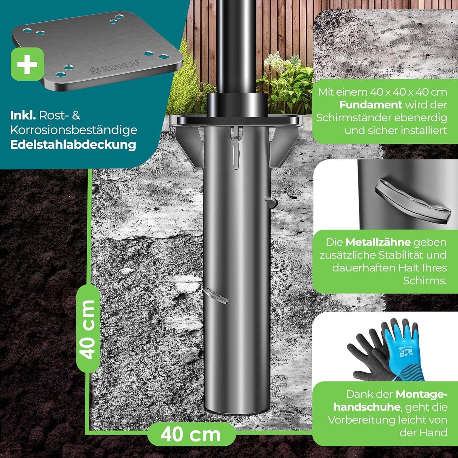 KESSER® Metall Universal-Bodenplatte | Sonnenschirmständer für Sonnenschirm & Ampelschirm | Bodenhülse für Kurbelschirm | Sonnenschirm-Schirm-Ständer | Bodenanker inklusive Handschuhe | Anthrazit — Ansicht 2