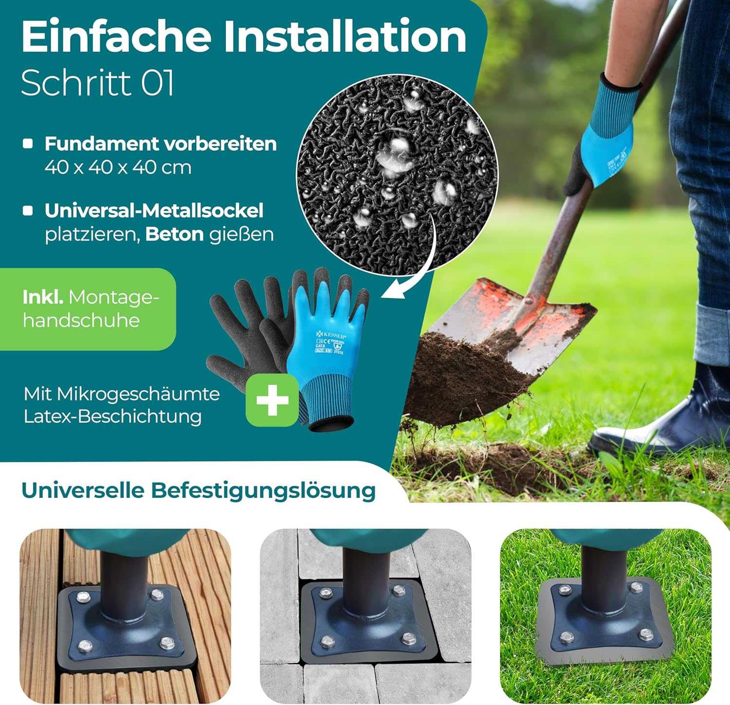 KESSER® Metall Universal-Bodenplatte | Sonnenschirmständer für Sonnenschirm & Ampelschirm | Bodenhülse für Kurbelschirm | Sonnenschirm-Schirm-Ständer | Bodenanker inklusive Handschuhe | Anthrazit — Ansicht 3