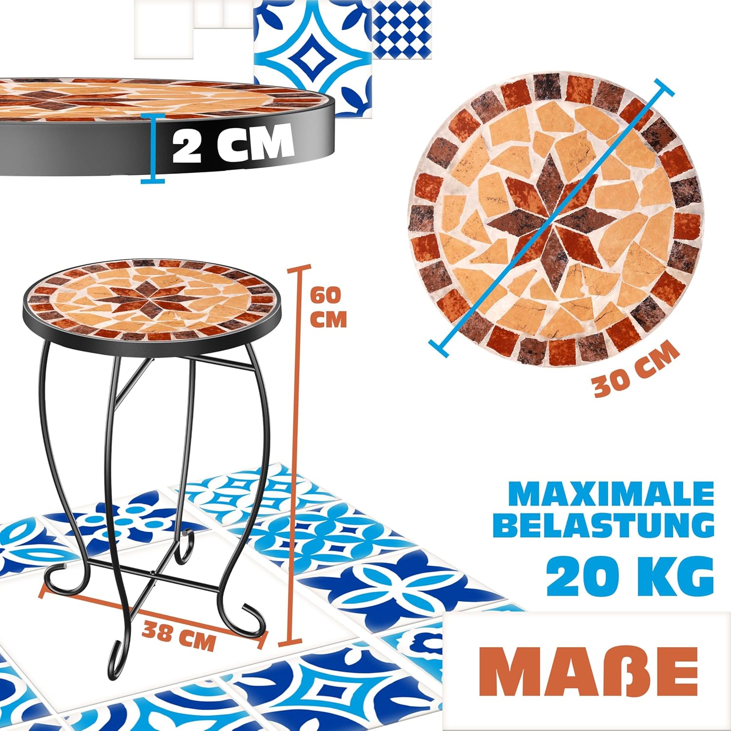 KESSER® Mosaiktisch Bistrotische Blumenhocker Rund 60 x 34 cm Metall Mosaik Beistelltisch Balkontisch Gartentische Terrassentisch Balkon Steinmosaik Garten Gartentisch Indoor Outdoor, Asteri — Ansicht 3