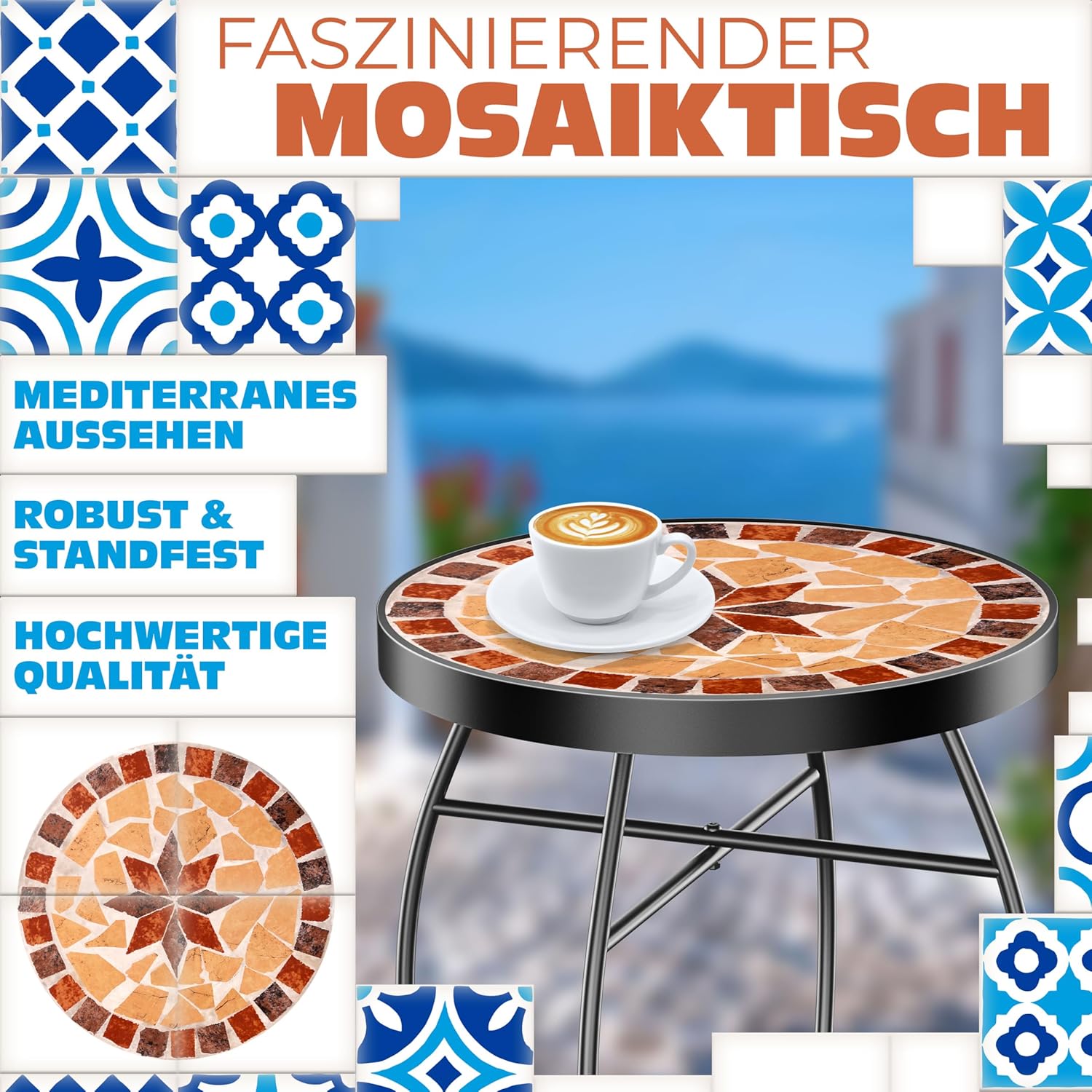 KESSER® Mosaiktisch Bistrotische Blumenhocker Rund 60 x 34 cm Metall Mosaik Beistelltisch Balkontisch Gartentische Terrassentisch Balkon Steinmosaik Garten Gartentisch Indoor Outdoor, Asteri — Ansicht 4