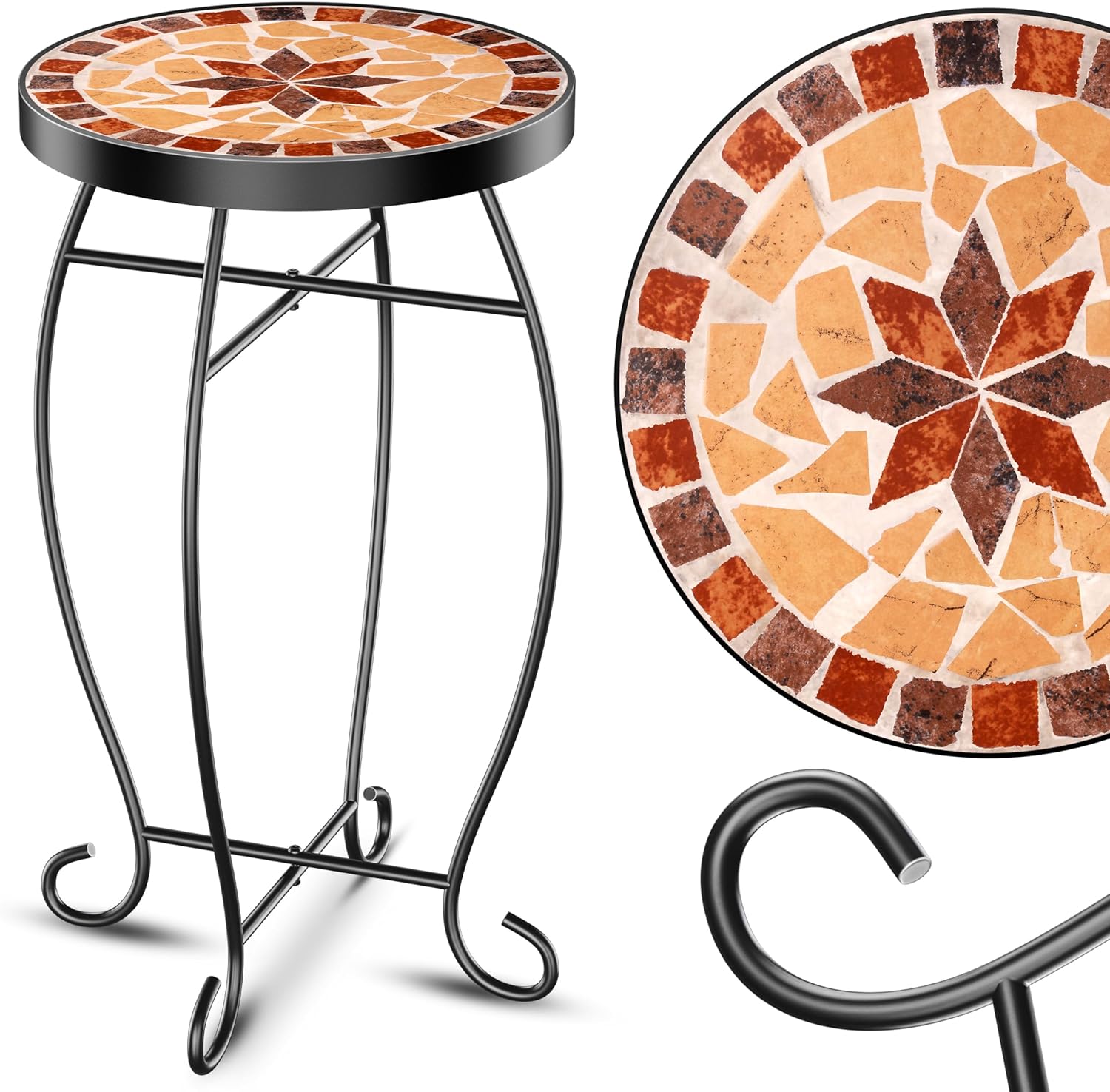 KESSER® Mosaiktisch Bistrotische Blumenhocker Rund 60 x 34 cm Metall Mosaik Beistelltisch Balkontisch Gartentische Terrassentisch Balkon Steinmosaik Garten Gartentisch Indoor Outdoor, Asteri