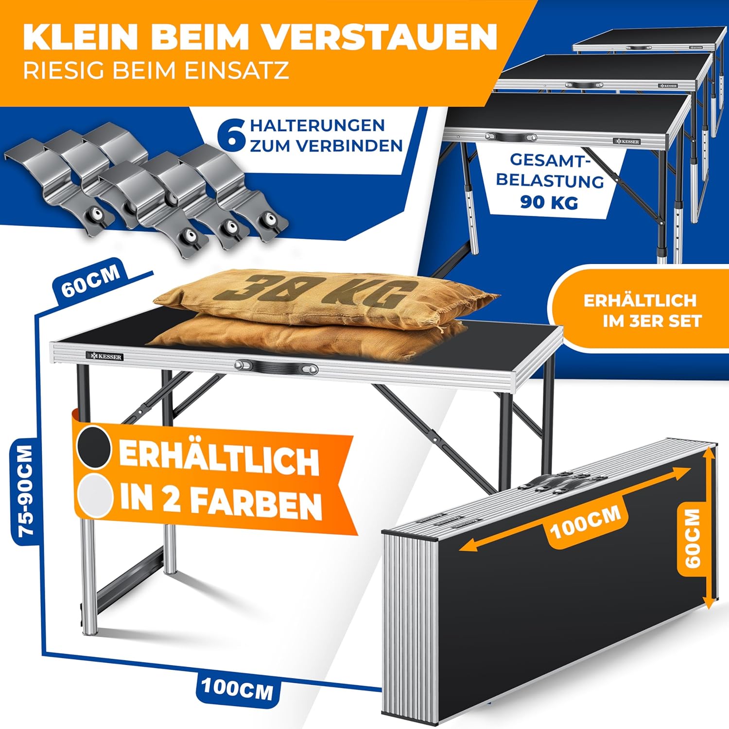 KESSER® Multifunktionstisch Profi 3- teilig, 100 x 60 cm, Tapeziertisch 90kg Gesamtbelastung, mit Ausziehfunktion Klapptisch Flohmarktisch Beistelltisch Mehrzwecktisch Campingtisch höhenverstellbar — Ansicht 2