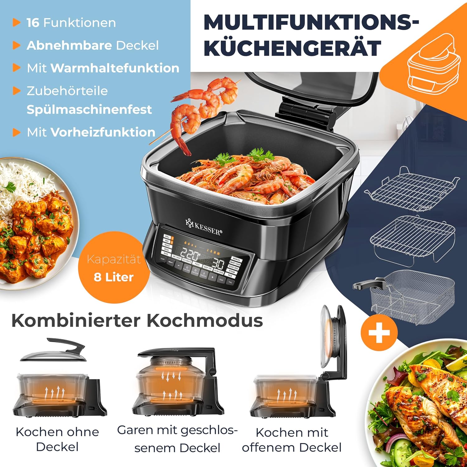 KESSER® Multikocher mit Heißluftfritteuse 8L & 16 Programme Küchengerät - Grillen, Backen, Schmoren, Dampfgaren Vorheiz- & Warmhaltefunktion Reiskocher Slow Cooker, Joghurtbereiter — Ansicht 2