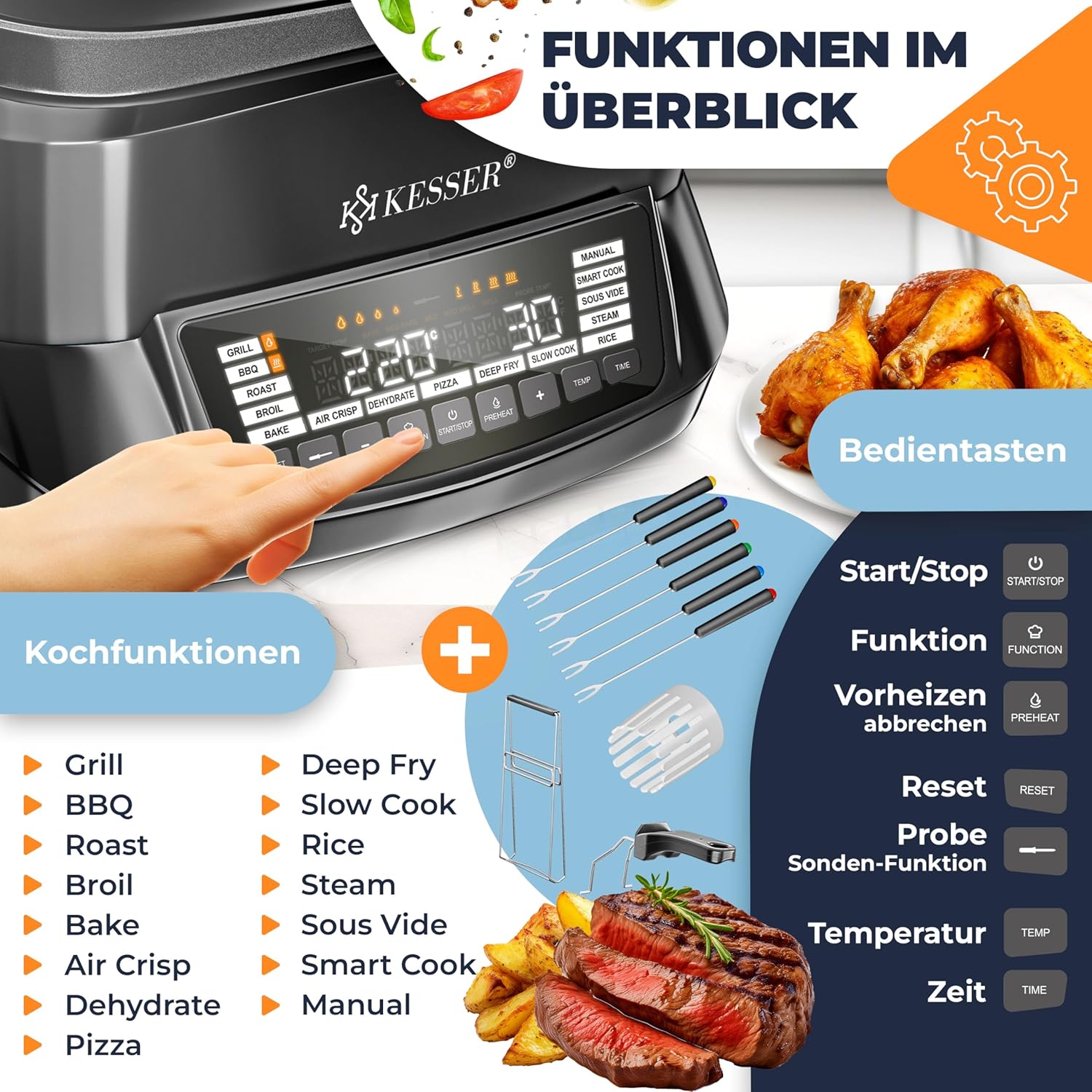 KESSER® Multikocher mit Heißluftfritteuse 8L & 16 Programme Küchengerät - Grillen, Backen, Schmoren, Dampfgaren Vorheiz- & Warmhaltefunktion Reiskocher Slow Cooker, Joghurtbereiter — Ansicht 3