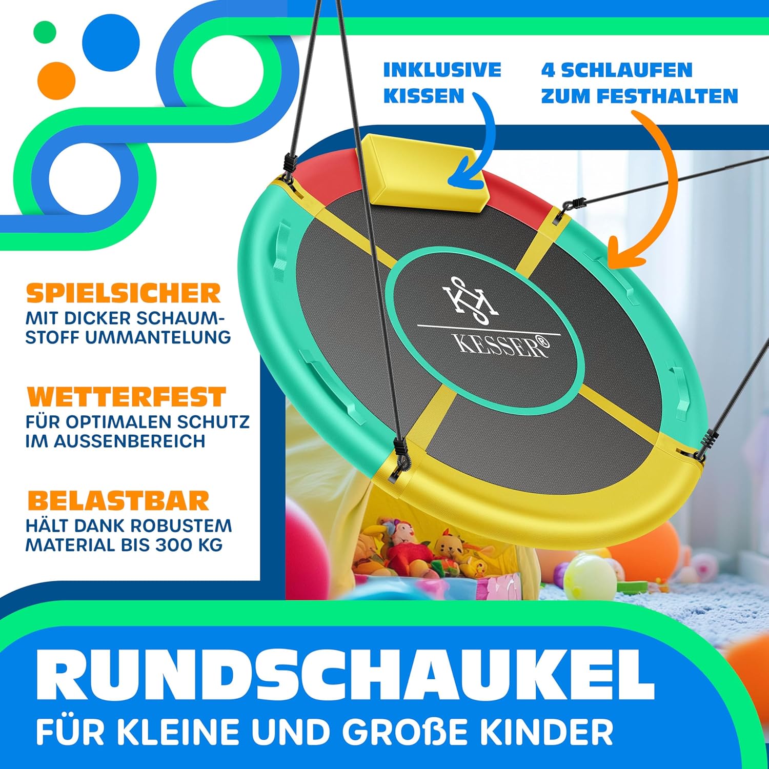 KESSER® Nestschaukel Tellerschaukel Hängeschaukel Rundschaukel Ø 100cm Schaukel bis 300kg belastbar mit Kissen & 4 Griffen verstellbar Kinderschaukel Indoor & Outdoor für Kinder & Erwachsene Tropical — Ansicht 2