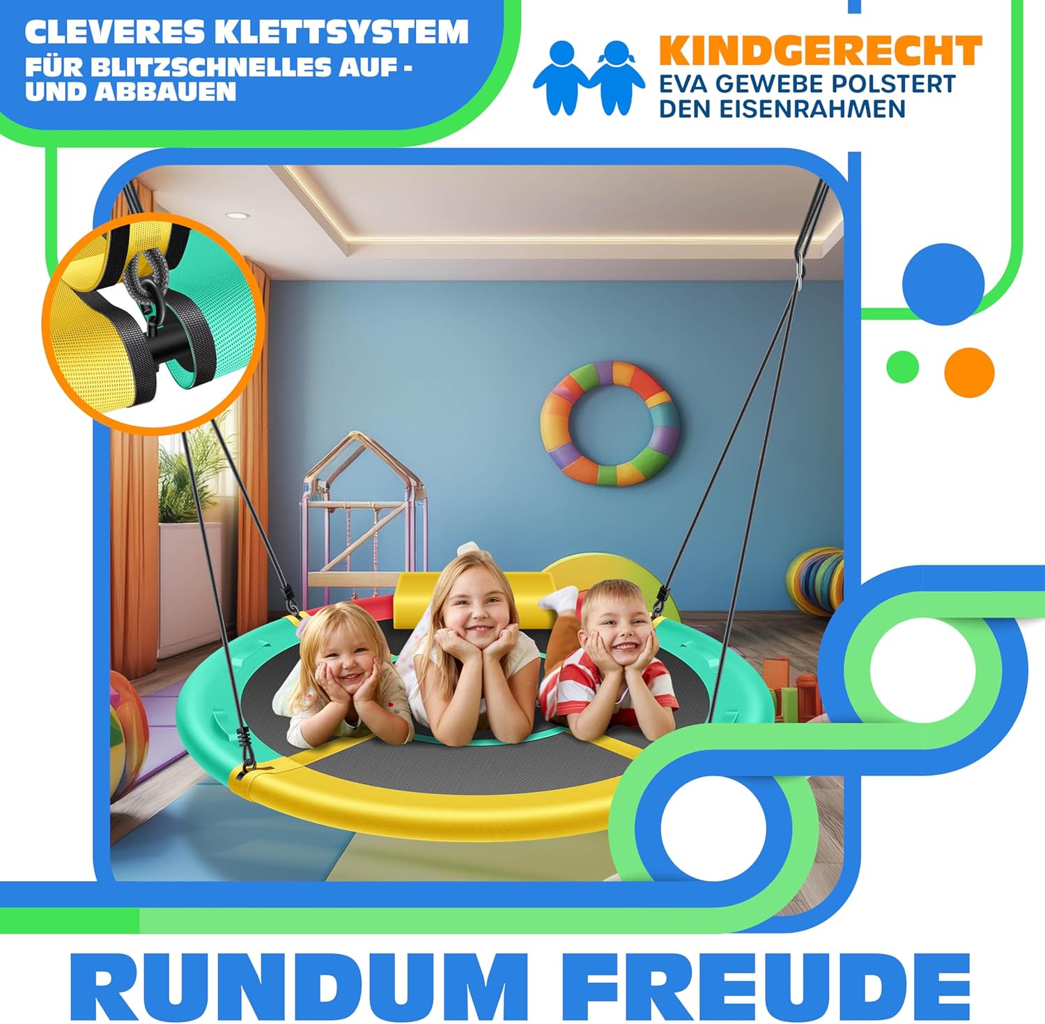 KESSER® Nestschaukel Tellerschaukel Hängeschaukel Rundschaukel Ø 100cm Schaukel bis 300kg belastbar mit Kissen & 4 Griffen verstellbar Kinderschaukel Indoor & Outdoor für Kinder & Erwachsene Tropical — Ansicht 4