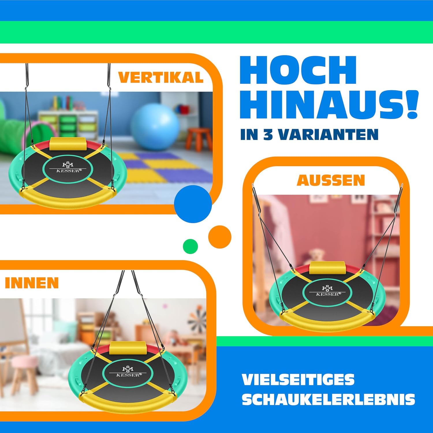 KESSER® Nestschaukel Tellerschaukel Hängeschaukel Rundschaukel Ø 100cm Schaukel bis 300kg belastbar mit Kissen & 4 Griffen verstellbar Kinderschaukel Indoor & Outdoor für Kinder & Erwachsene Tropical — Ansicht 5