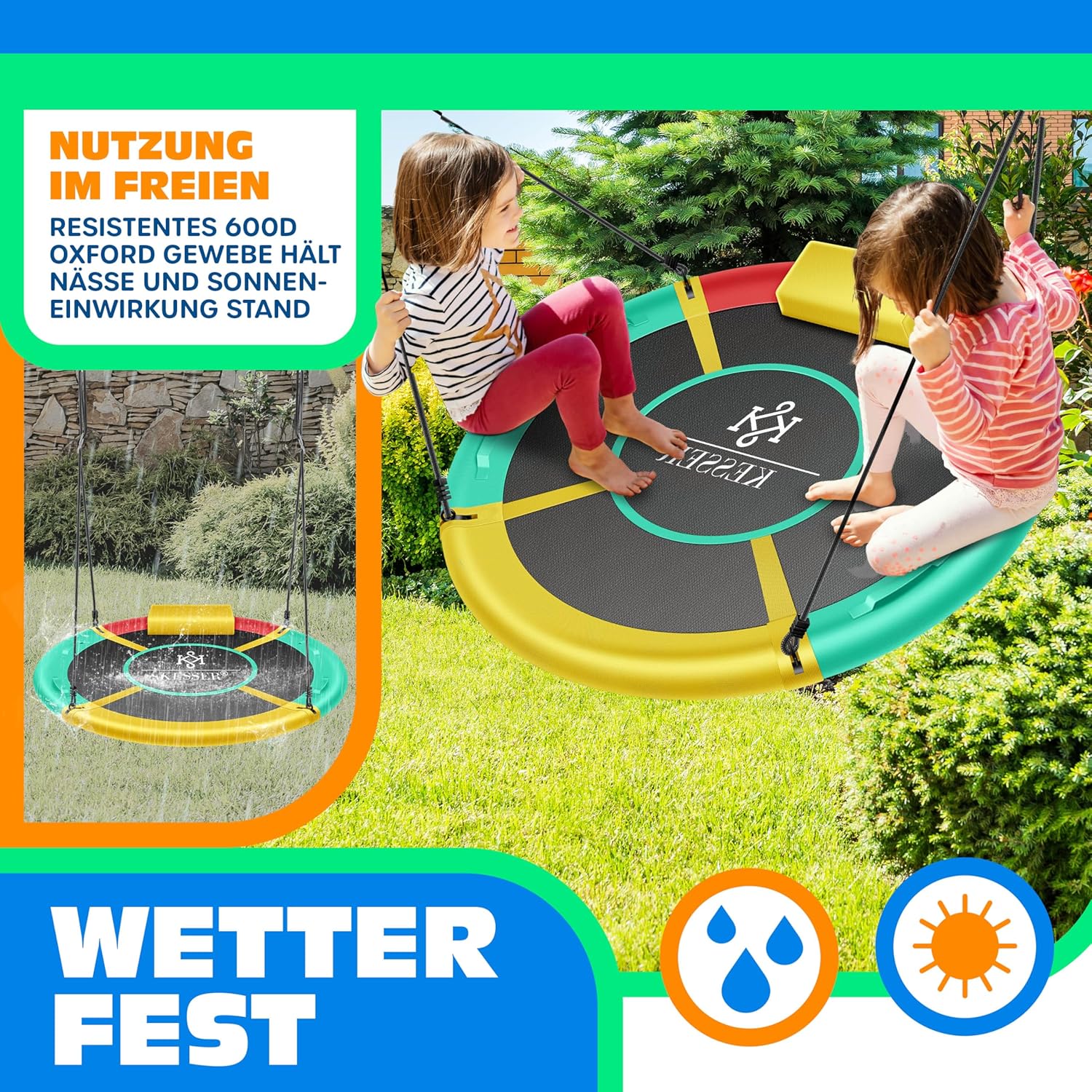 KESSER® Nestschaukel Tellerschaukel Hängeschaukel Rundschaukel Ø 100cm Schaukel bis 300kg belastbar mit Kissen & 4 Griffen verstellbar Kinderschaukel Indoor & Outdoor für Kinder & Erwachsene Tropical — Ansicht 6