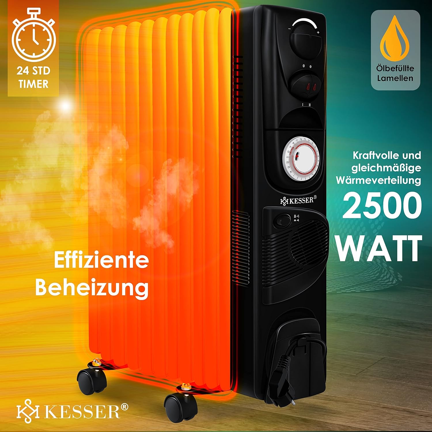 KESSER® Ölradiator Elektrische Heizung mit 11 Rippen 2500W + Lüfter Öl Radiator Elektroheizung Mobil Timer Abschaltautomatik stufenlose Temperaturregelung Überhitzungsschutz — Ansicht 2