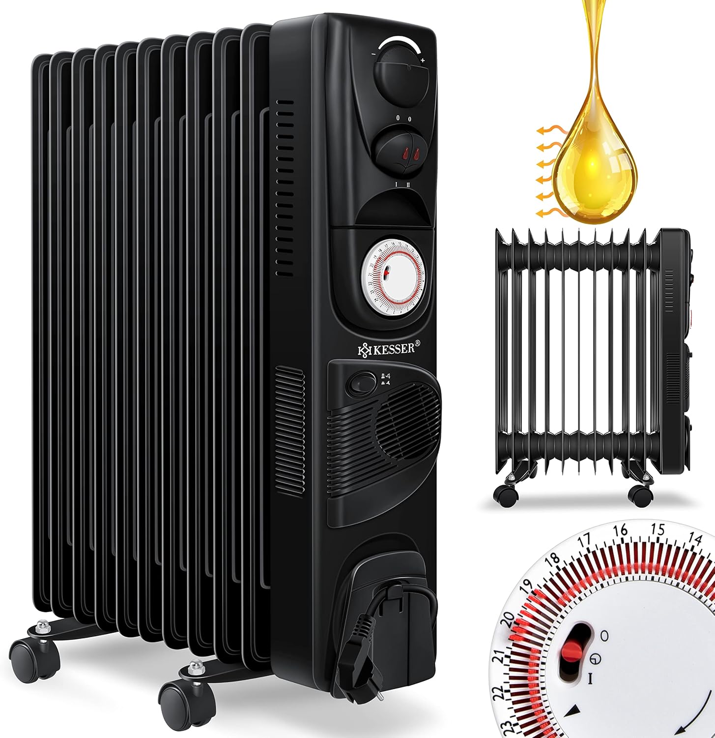 KESSER® Ölradiator Elektrische Heizung mit 11 Rippen 2500W + Lüfter Öl Radiator Elektroheizung Mobil Timer Abschaltautomatik stufenlose Temperaturregelung Überhitzungsschutz