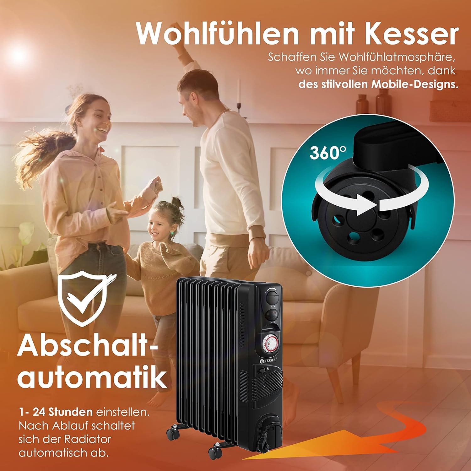 KESSER® Ölradiator Elektrische Heizung mit 11 Rippen 2500W + Lüfter Öl Radiator Elektroheizung Mobil Timer Abschaltautomatik stufenlose Temperaturregelung Überhitzungsschutz — Ansicht 5