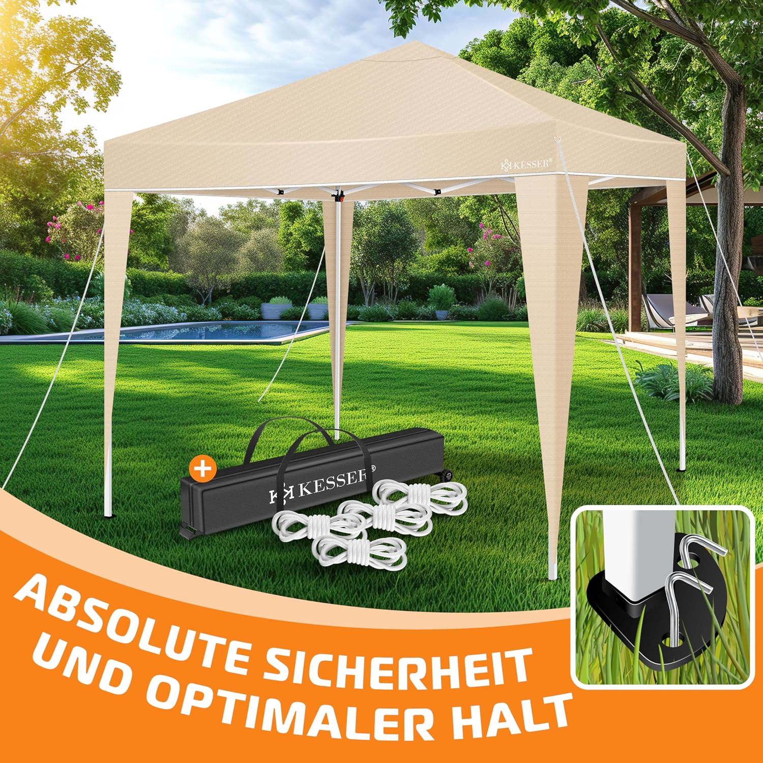 KESSER® Pavillon Faltpavillon 3x3m | Pop-Up Gartenpavillon Höhenverstellbar Stabil Wasserdicht Winterfest | Partyzelt Festzelt UV-Schutz 50+ inkl. Tasche mit Rollen & Bodenanker | Beige — Ansicht 3