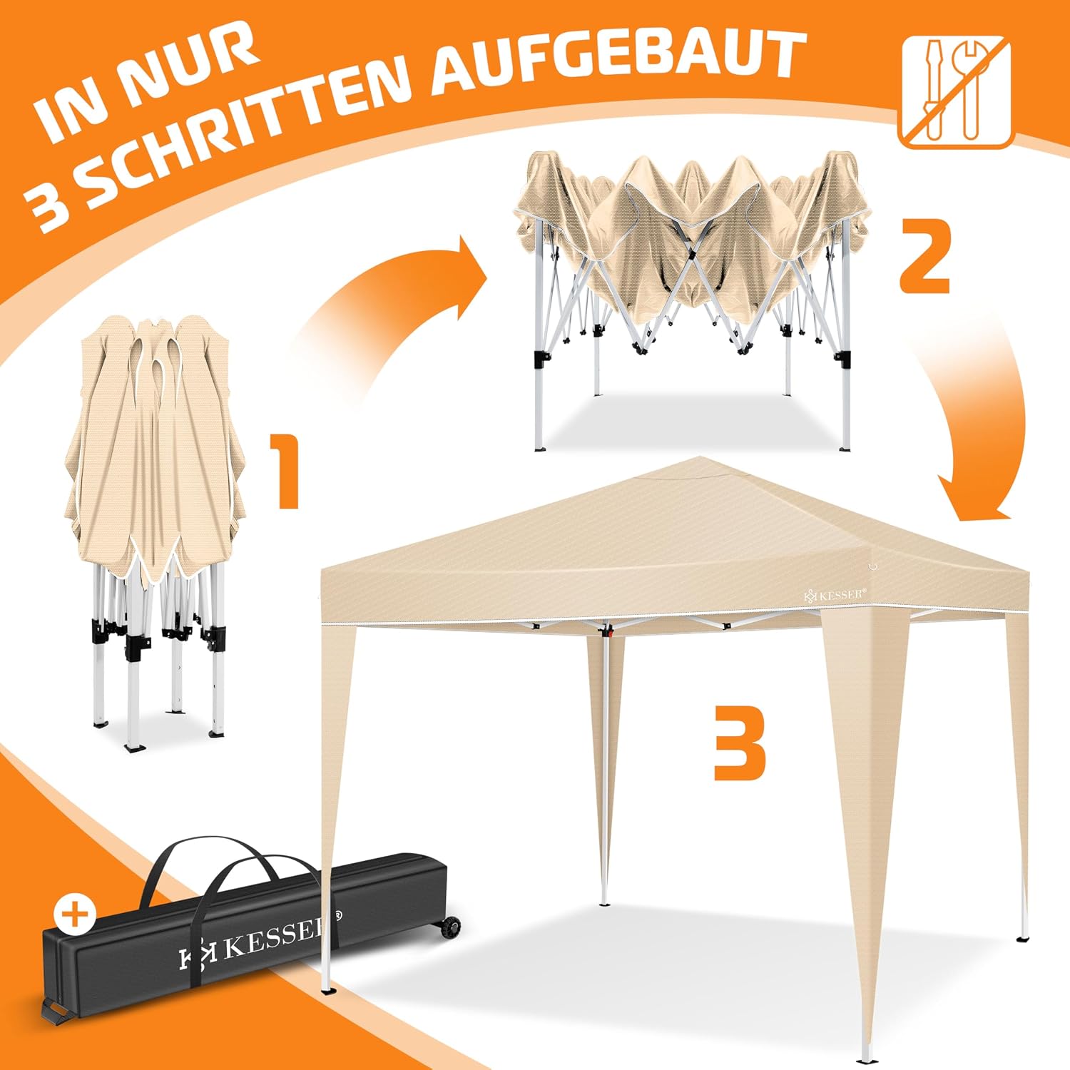 KESSER® Pavillon Faltpavillon 3x3m | Pop-Up Gartenpavillon Höhenverstellbar Stabil Wasserdicht Winterfest | Partyzelt Festzelt UV-Schutz 50+ inkl. Tasche mit Rollen & Bodenanker | Beige — Ansicht 4