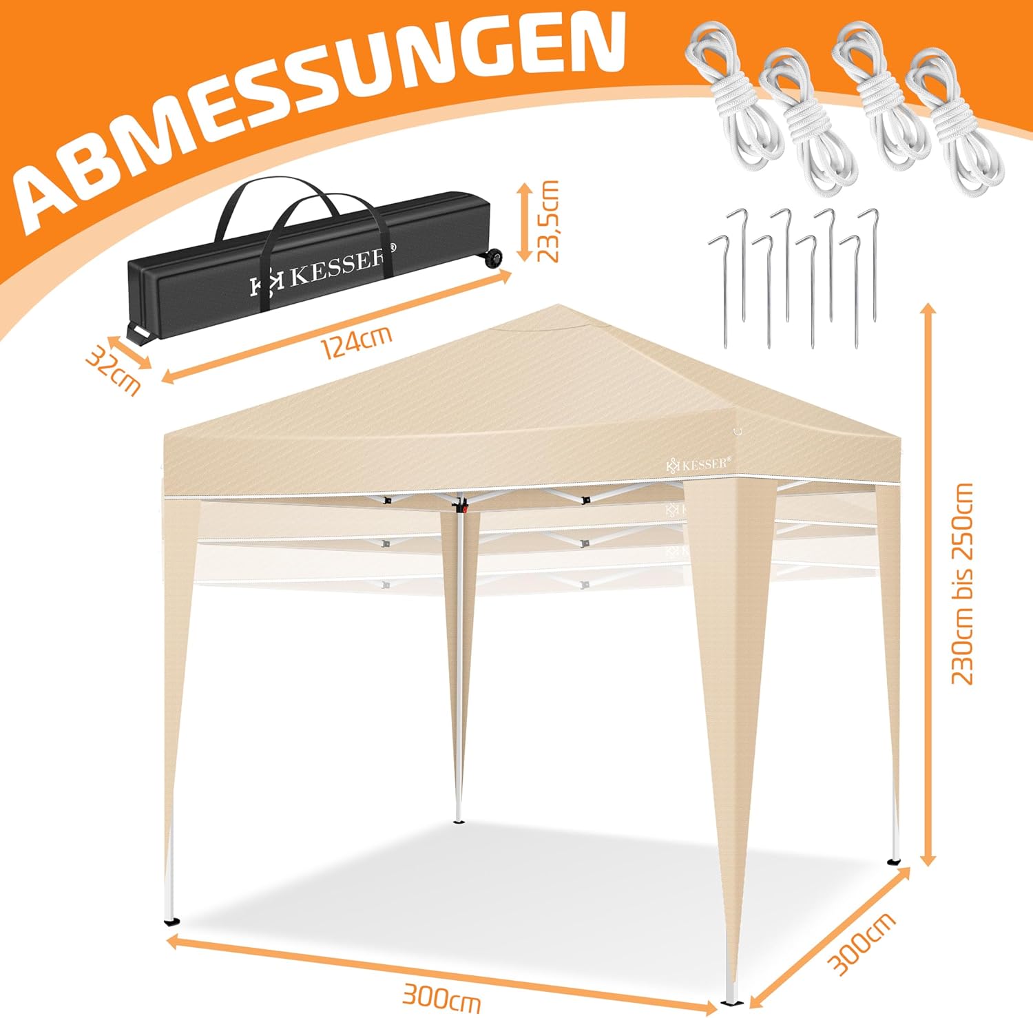 KESSER® Pavillon Faltpavillon 3x3m | Pop-Up Gartenpavillon Höhenverstellbar Stabil Wasserdicht Winterfest | Partyzelt Festzelt UV-Schutz 50+ inkl. Tasche mit Rollen & Bodenanker | Beige — Ansicht 6