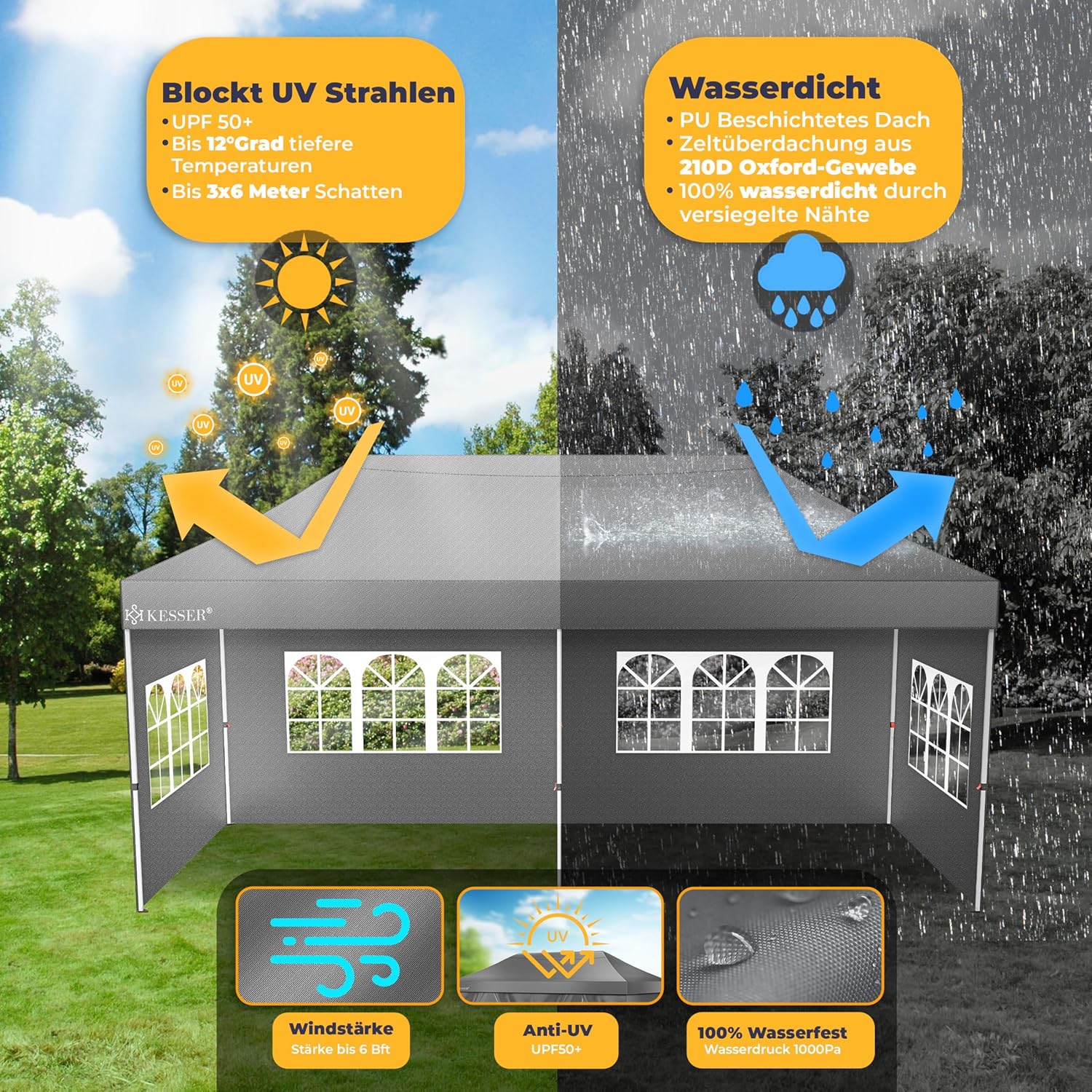 KESSER® Pavillon Faltpavillon 6x3m Festzelt mit 6 abnehmbaren Seitenwänden, Gartenzelt Höhenverstellbar & Wasserdicht + Tasche Rollbar Bodenanker Pop-Up Klicksystem UV-Schutz 50+ Partyzelt Anthrazit — Ansicht 2