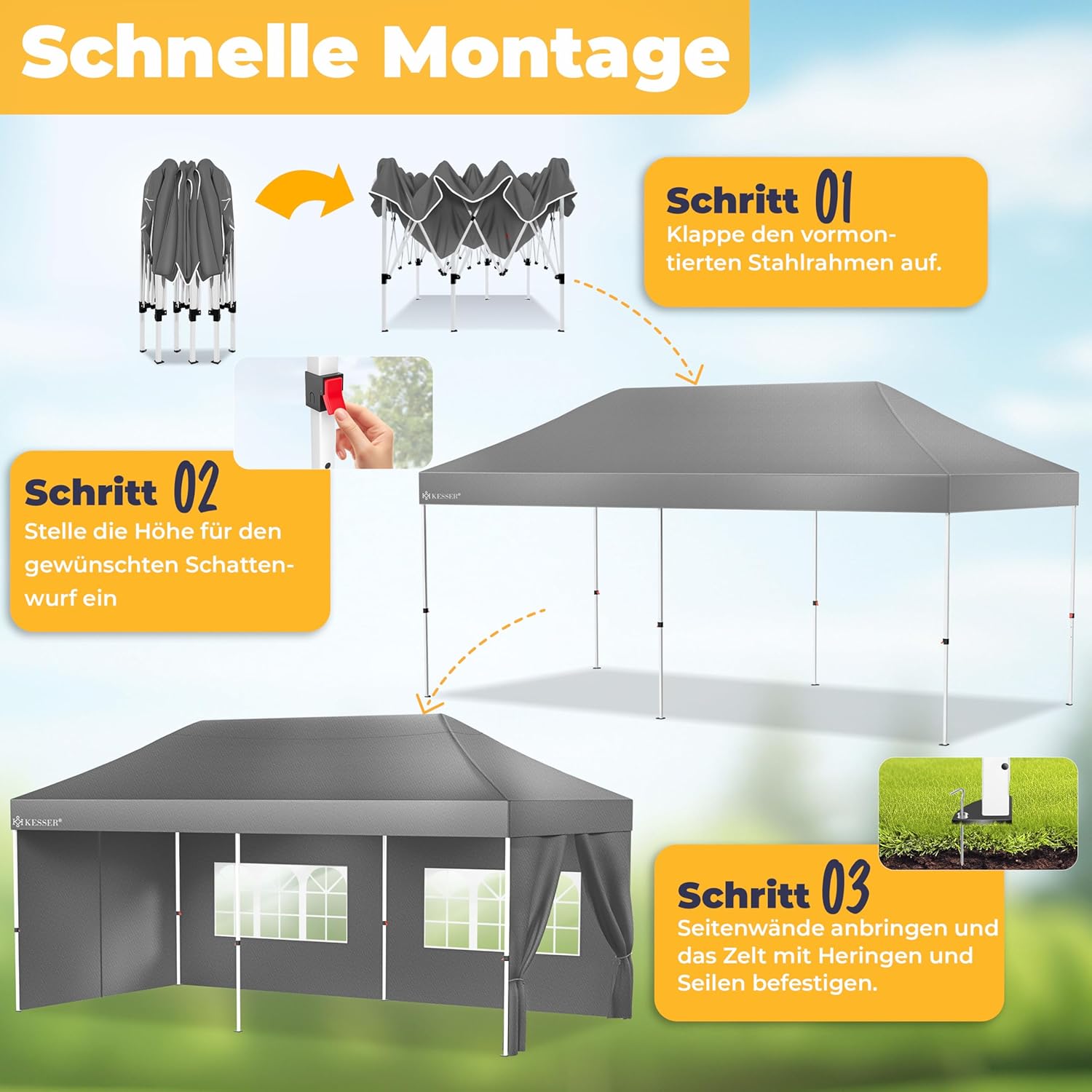 KESSER® Pavillon Faltpavillon 6x3m Festzelt mit 6 abnehmbaren Seitenwänden, Gartenzelt Höhenverstellbar & Wasserdicht + Tasche Rollbar Bodenanker Pop-Up Klicksystem UV-Schutz 50+ Partyzelt Anthrazit — Ansicht 3