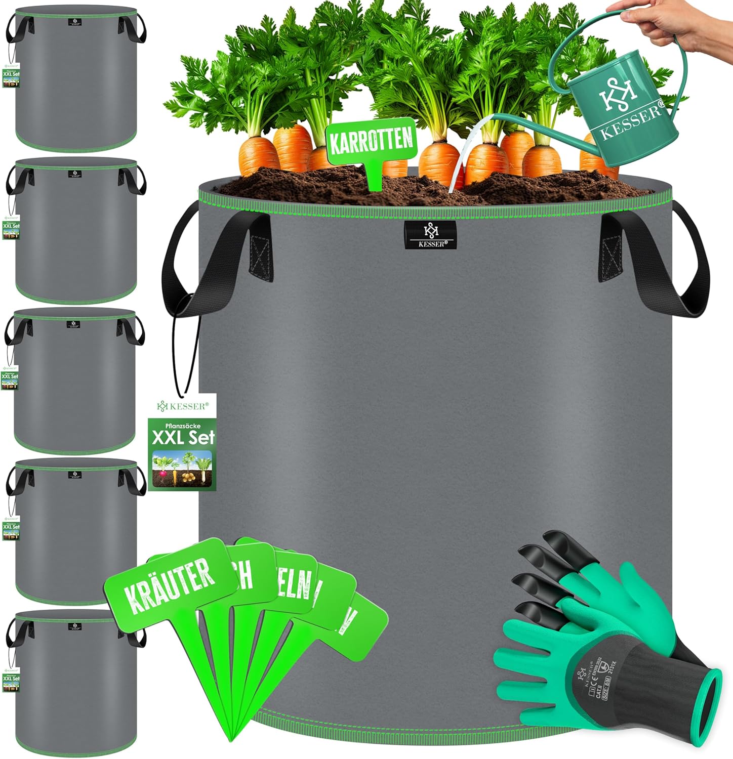 KESSER® Pflanzsack 27 Liter - 5er Set | Pflanzsäcke aus Vlies-Stoff inkl. Schildchen & Gartenhandschuhe | Kartoffel-Pflanztasche mit Fenster & Griffen | Pflanzbeutel für Gemüse Blumen Früchte Grau