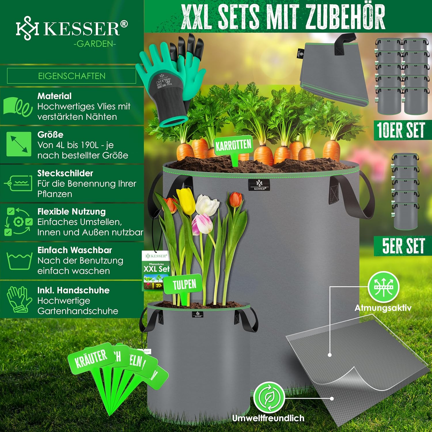 KESSER® Pflanzsack 27 Liter - 5er Set | Pflanzsäcke aus Vlies-Stoff inkl. Schildchen & Gartenhandschuhe | Kartoffel-Pflanztasche mit Fenster & Griffen | Pflanzbeutel für Gemüse Blumen Früchte Grau — Ansicht 2