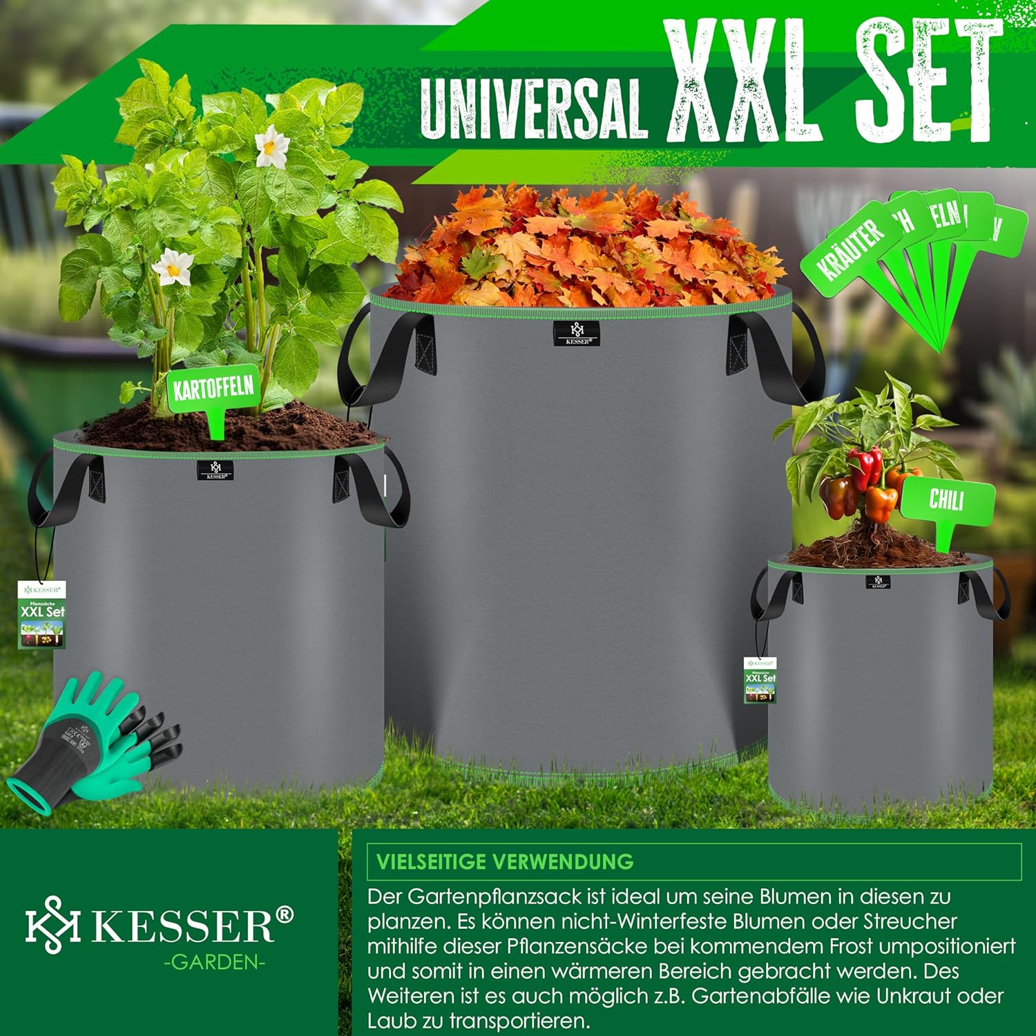 KESSER® Pflanzsack 27 Liter - 5er Set | Pflanzsäcke aus Vlies-Stoff inkl. Schildchen & Gartenhandschuhe | Kartoffel-Pflanztasche mit Fenster & Griffen | Pflanzbeutel für Gemüse Blumen Früchte Grau — Ansicht 3
