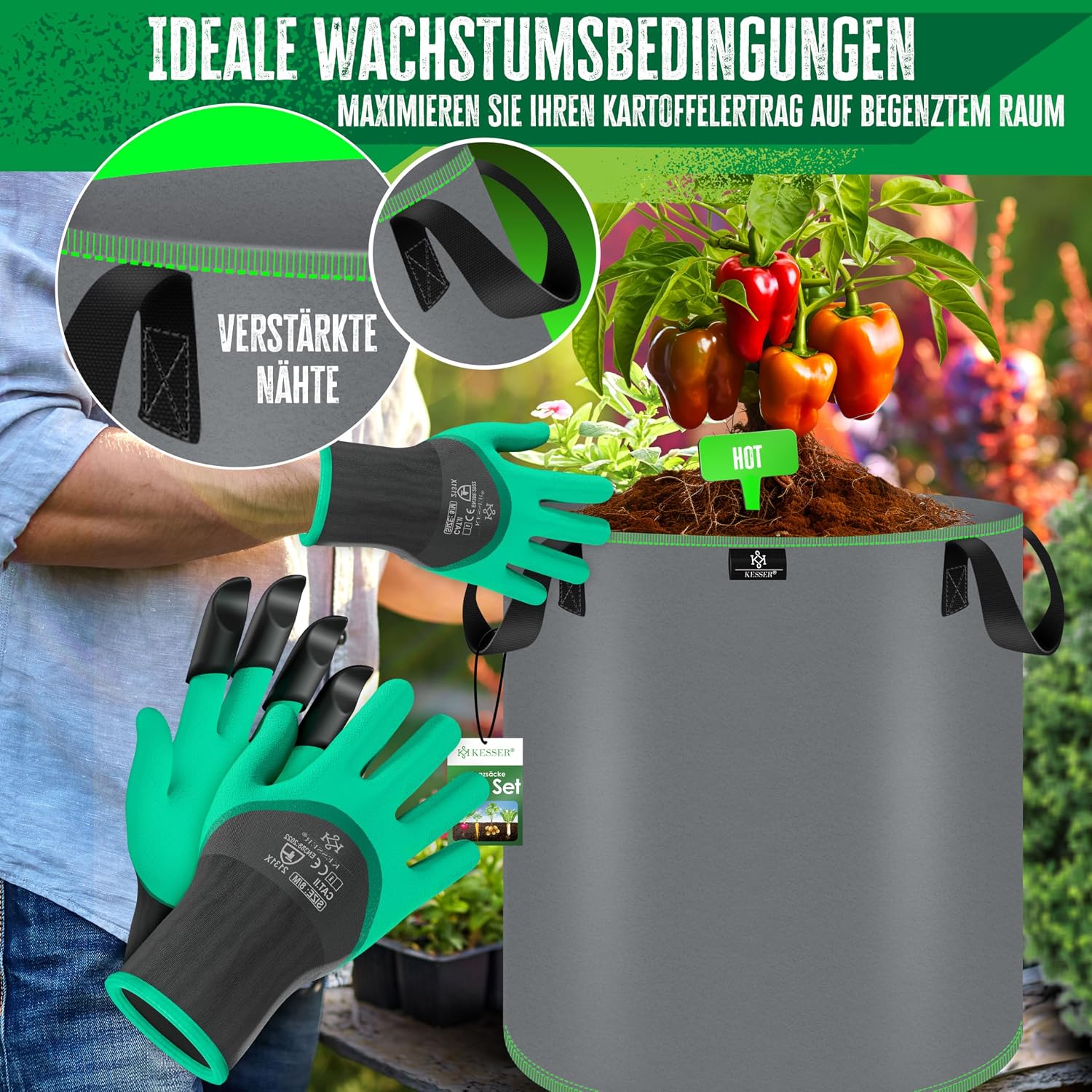 KESSER® Pflanzsack 27 Liter - 5er Set | Pflanzsäcke aus Vlies-Stoff inkl. Schildchen & Gartenhandschuhe | Kartoffel-Pflanztasche mit Fenster & Griffen | Pflanzbeutel für Gemüse Blumen Früchte Grau — Ansicht 5