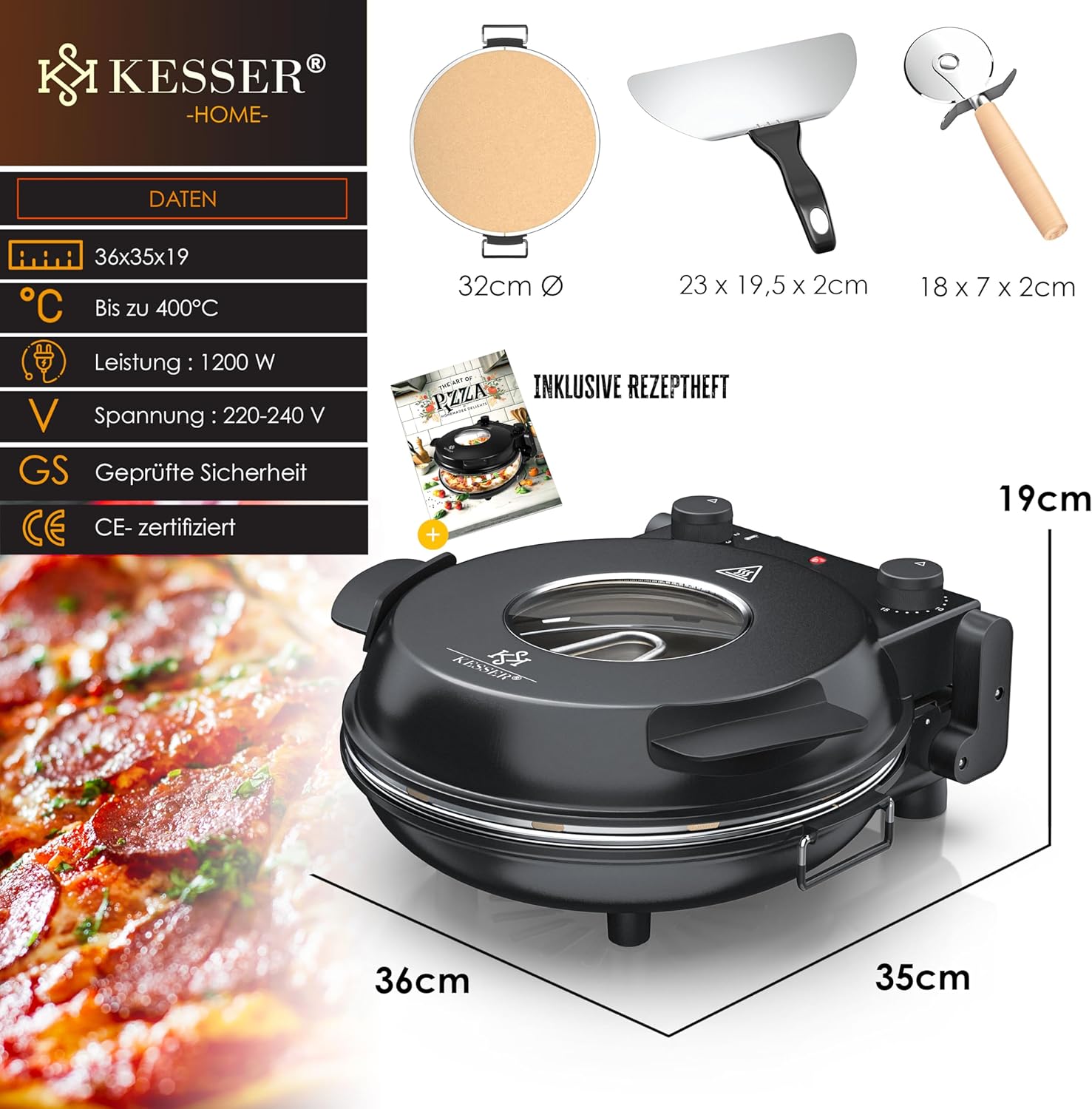 KESSER® Pizza-Ofen elektrisch bis 400 Grad | Elektrischer Pizzabäcker 1200W mit feuerfester Steinplatte & Timer Durchmesser 32cm | 5 Heizstufen & Sichtfenster | inkl. Pizzaschneider & Rezeptbuch — Ansicht 4