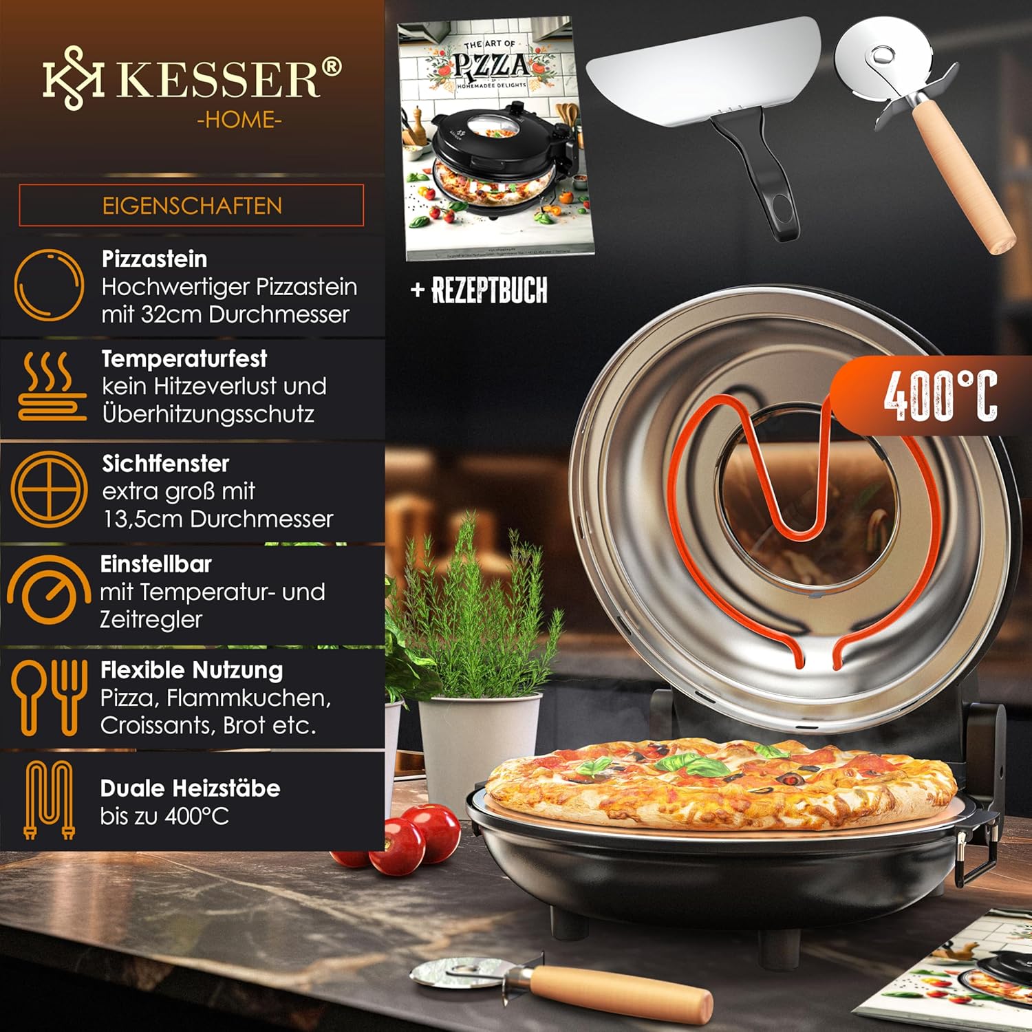 KESSER® Pizza-Ofen elektrisch bis 400 Grad | Elektrischer Pizzabäcker 1200W mit feuerfester Steinplatte & Timer Durchmesser 32cm | 5 Heizstufen & Sichtfenster | inkl. Pizzaschneider & Rezeptbuch — Ansicht 6