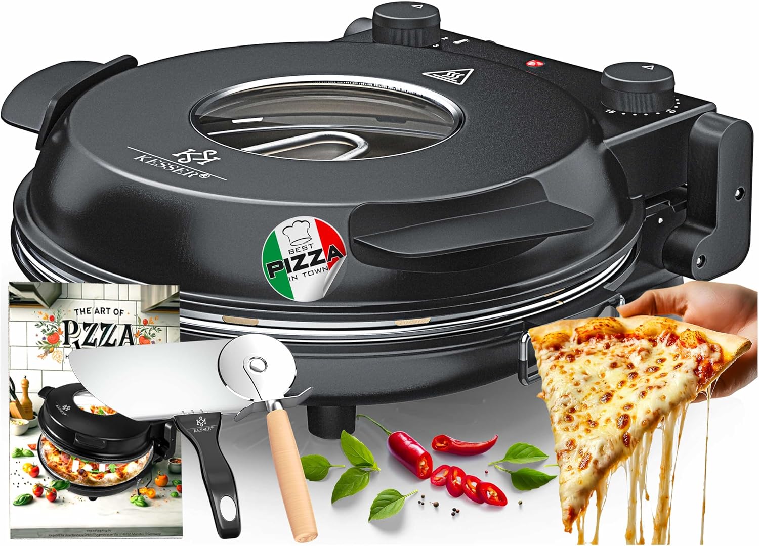 KESSER® Pizza-Ofen elektrisch bis 400 Grad | Elektrischer Pizzabäcker 1200W mit feuerfester Steinplatte & Timer Durchmesser 32cm | 5 Heizstufen & Sichtfenster | inkl. Pizzaschneider & Rezeptbuch