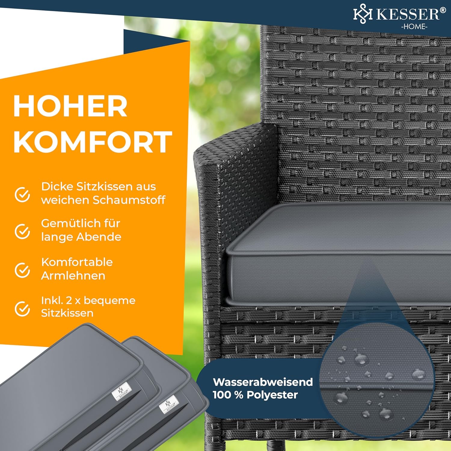 KESSER® Polyrattan Gartenbank mit Tisch, 2 Sitzer, 143x63x88cm Gartenbank wetterfest, Sitzbank Outdoor, Balkonbank mit Ablage, Gartenmöbel Rattan Bank für Garten & Balkon + Kissen & Cover, Anthrazit — Ansicht 4