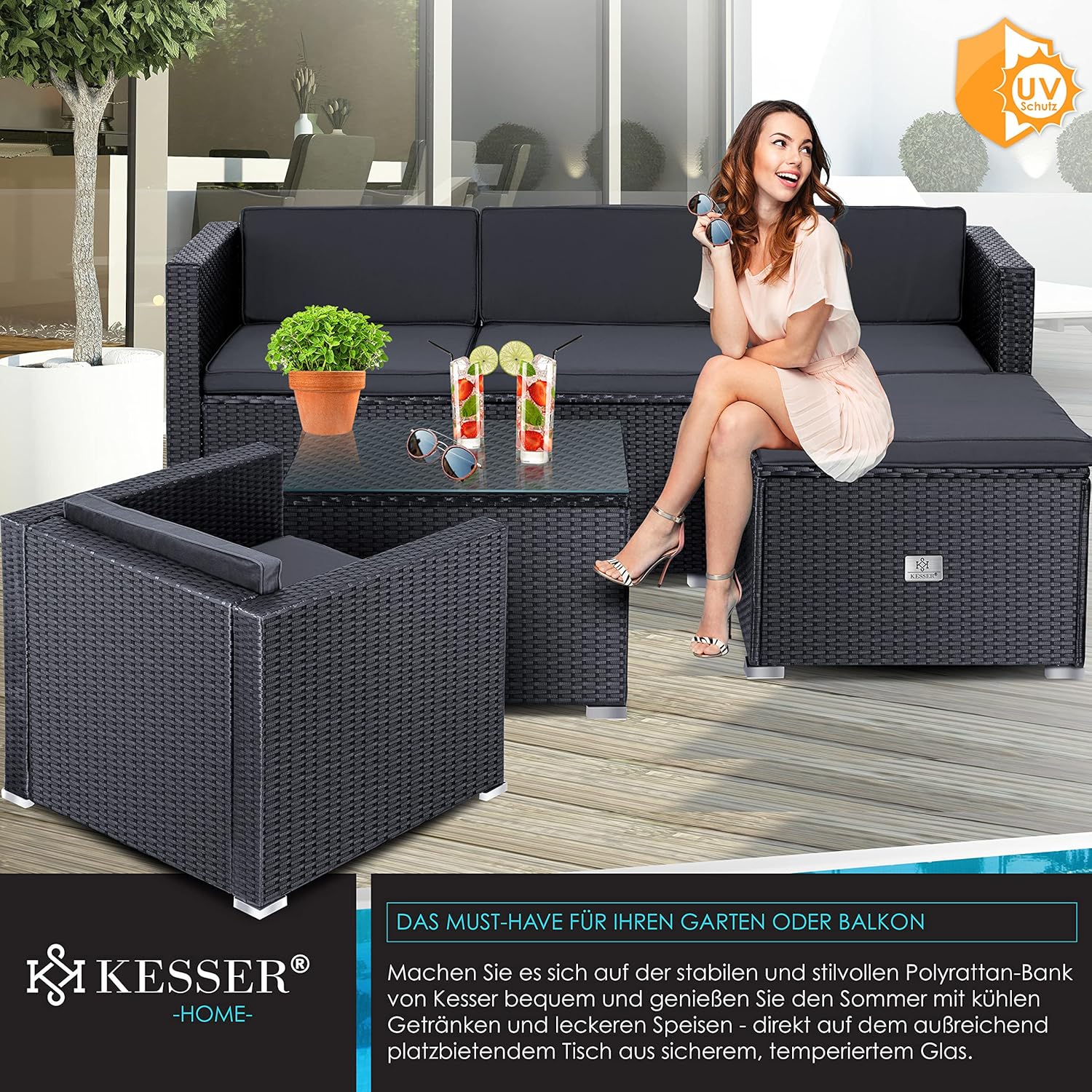 KESSER® Polyrattan Lounge Aruba - Gartenlounge für 4-5 Personen Gartenmöbel-Set Sitzgruppe aus 3er Gartensofa, Sessel, Hocker Beistelltisch mit Sitzkissen für Garten, Terrasse und Balkon, Anthrazit — Ansicht 3