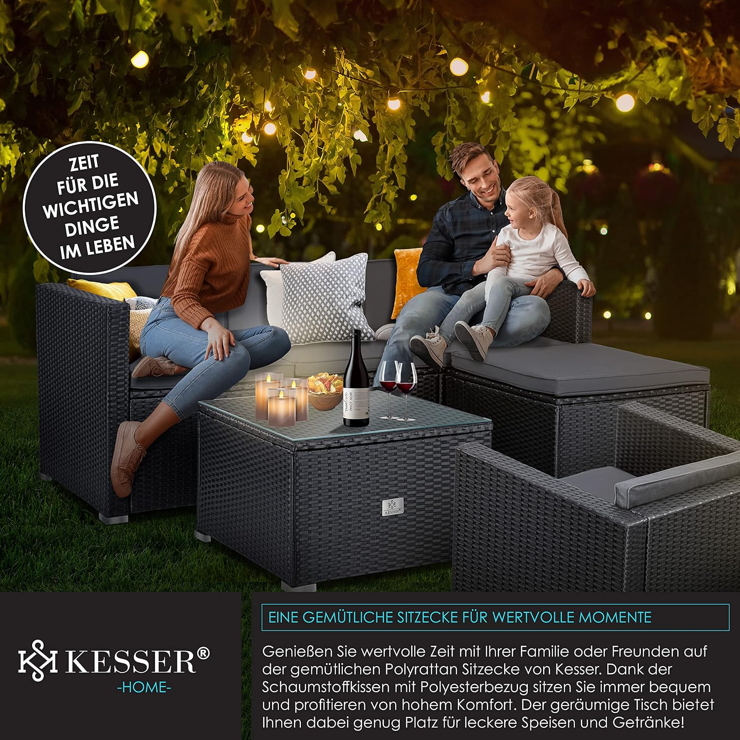 KESSER® Polyrattan Lounge Aruba - Gartenlounge für 4-5 Personen Gartenmöbel-Set Sitzgruppe aus 3er Gartensofa, Sessel, Hocker Beistelltisch mit Sitzkissen für Garten, Terrasse und Balkon, Anthrazit — Ansicht 6